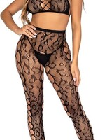 Leg Avenue 2 Pc Leopard Net Crop Top and Crotchless Footless Tights With Faux Lace-Up Detail - Os - Black