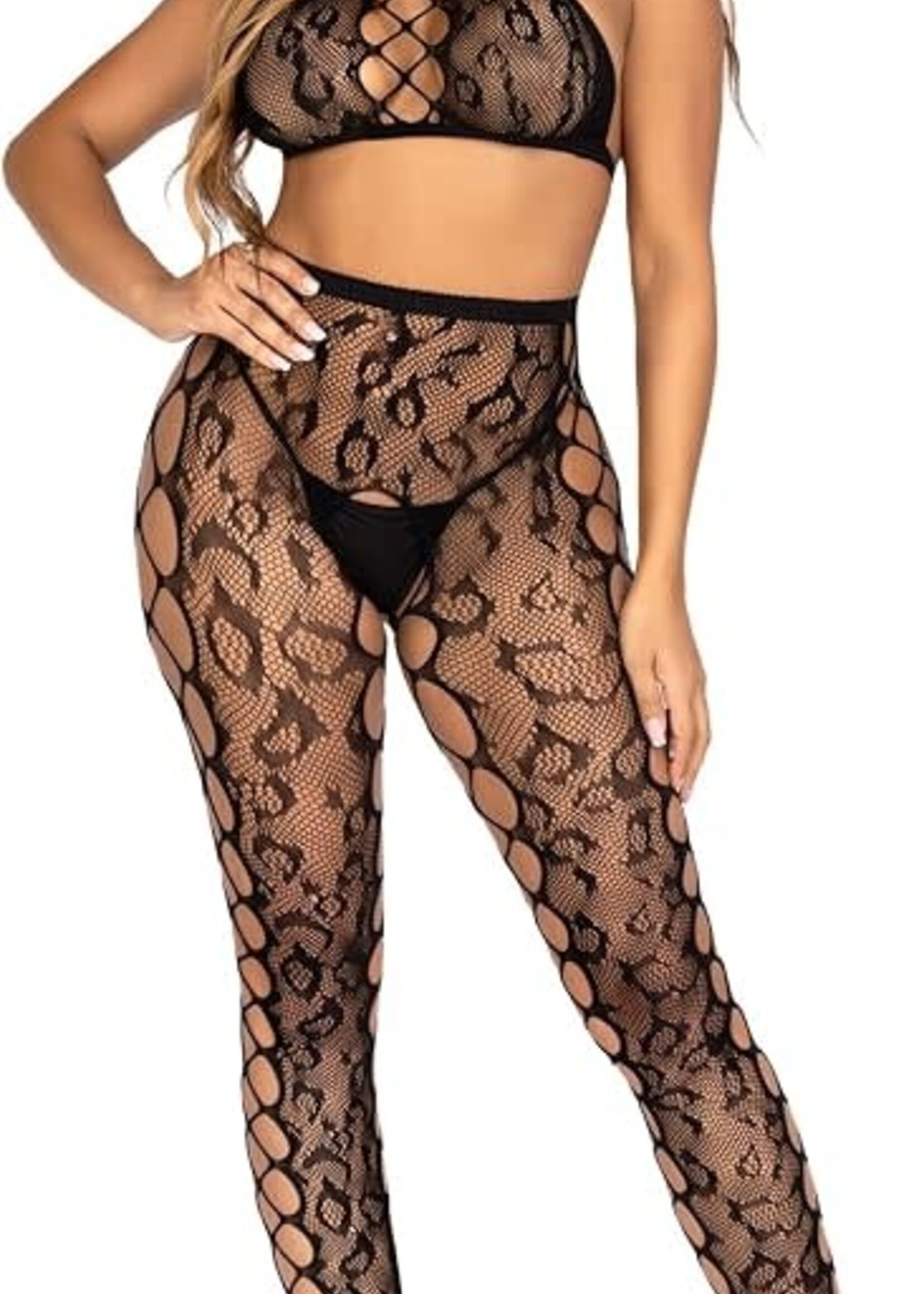 Leg Avenue 2 Pc Leopard Net Crop Top and Crotchless Footless Tights With Faux Lace-Up Detail - Os - Black