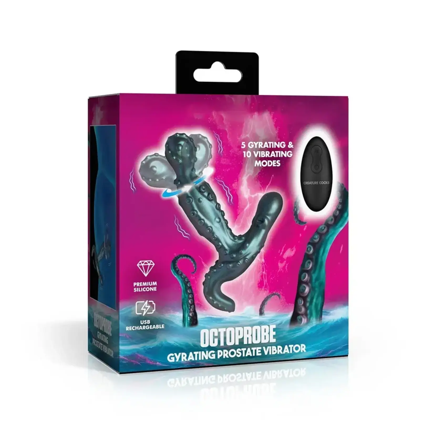 XR Brands Creature Cocks Creature Cocks Octoprobe Gyrating Rechargeable Silicone Prostate Vibrator with Remote Control - Blue/Purple