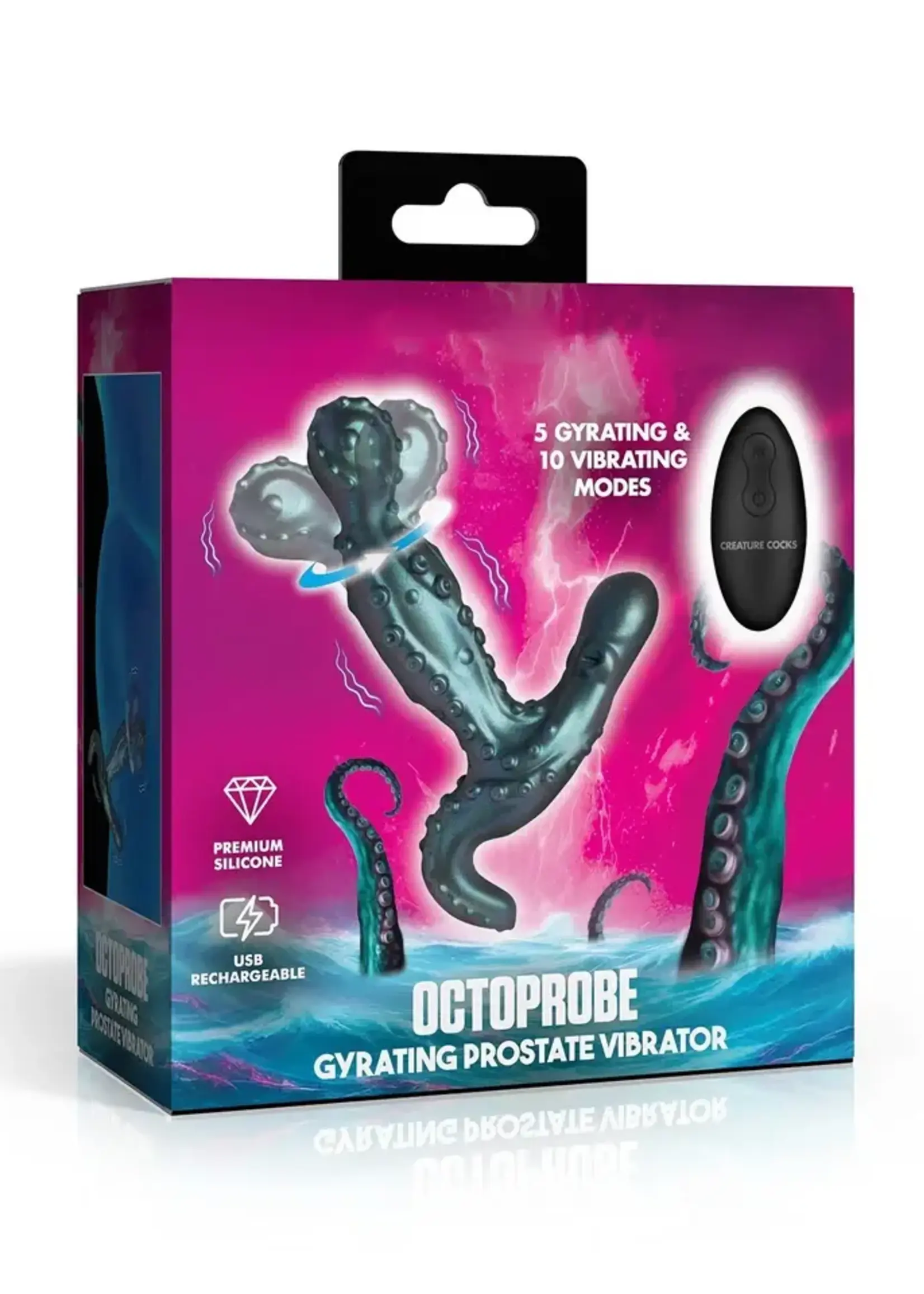 XR Brands Creature Cocks Creature Cocks Octoprobe Gyrating Rechargeable Silicone Prostate Vibrator with Remote Control - Blue/Purple