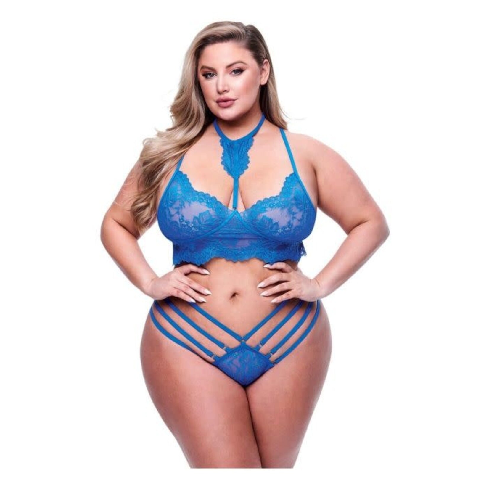 Baci Strappy Lace Bra & Panty Set - Blue - Curvy Queen Size