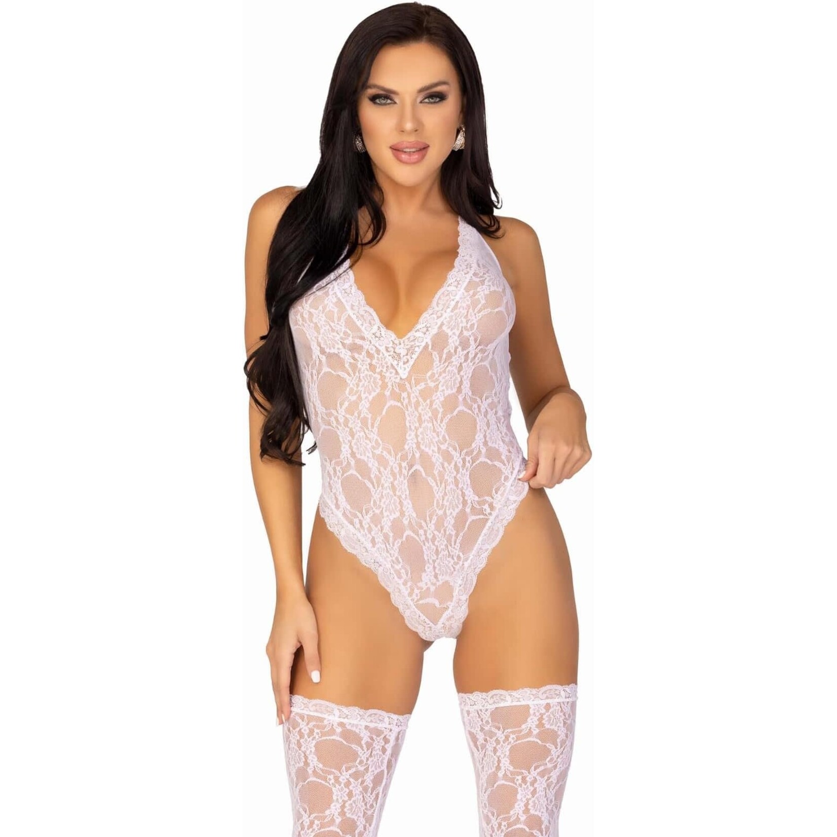 Leg Avenue 2 PC Floral Lace Deep-V Teddy with Matching Stockings - OS