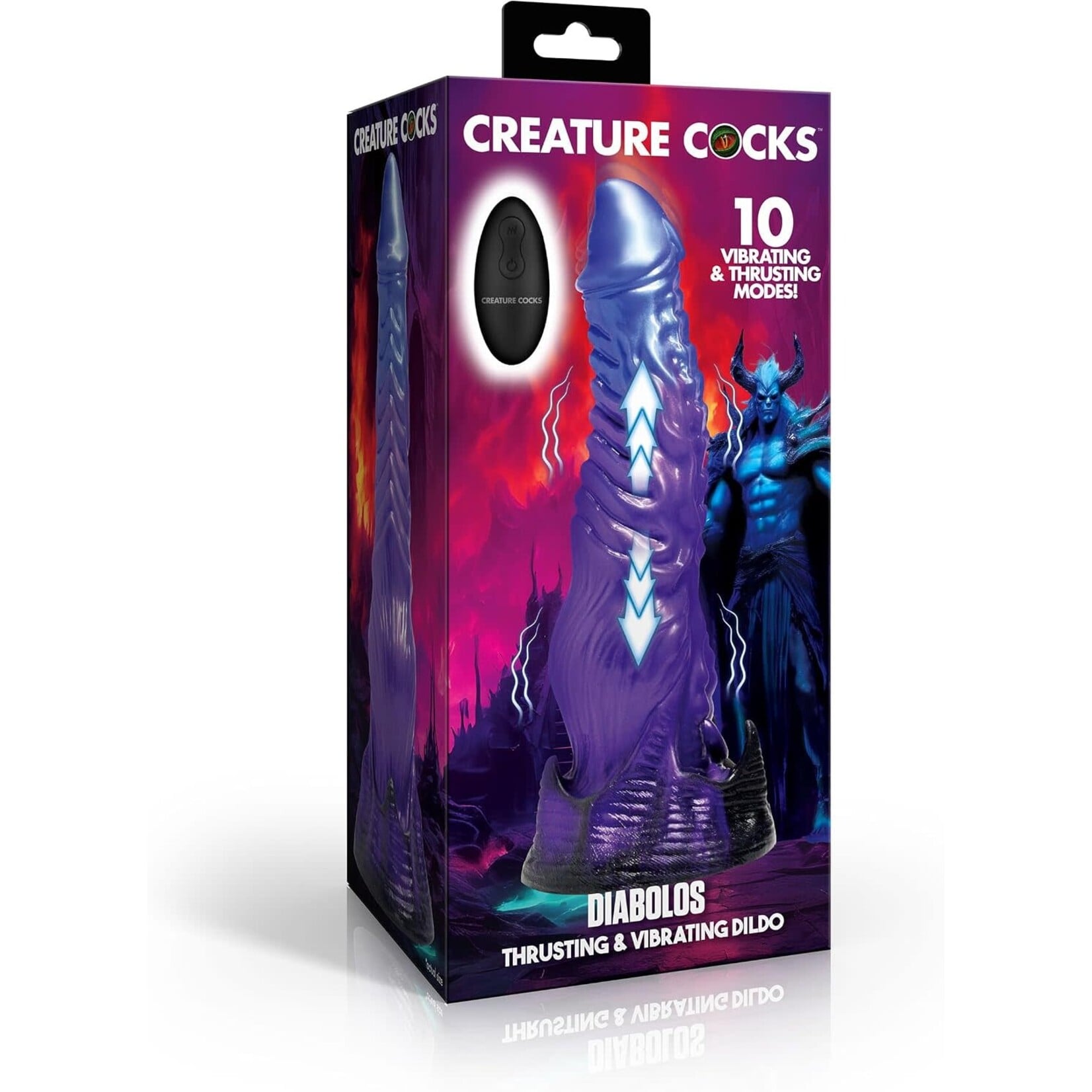 XR Brands Creature Cocks Creature Cocks Diabolos Thrusting & Vibrating Rechargeable Silicone Dildo with Remote Control - Purple/Black