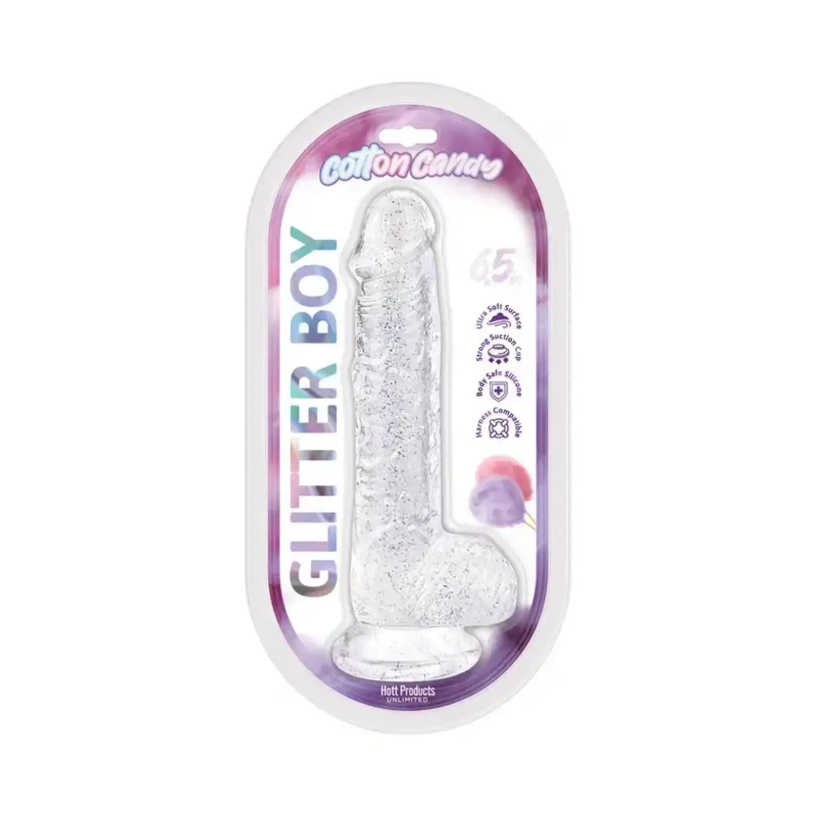 HOTT PRODUCTS Cotton Candy Glitter Boy Silicone Dildo 6.5in - Clear