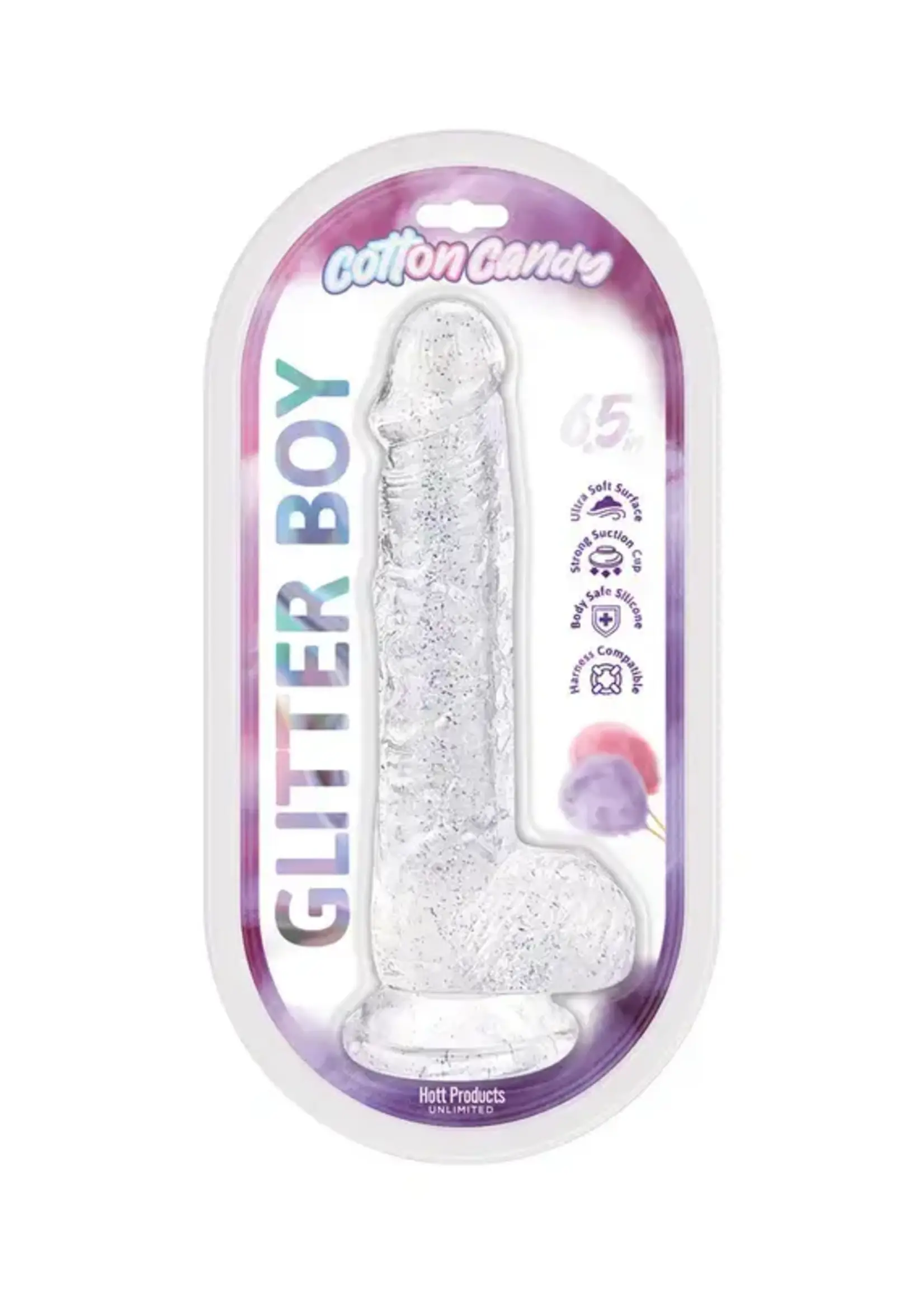 HOTT PRODUCTS Cotton Candy Glitter Boy Silicone Dildo 6.5in - Clear
