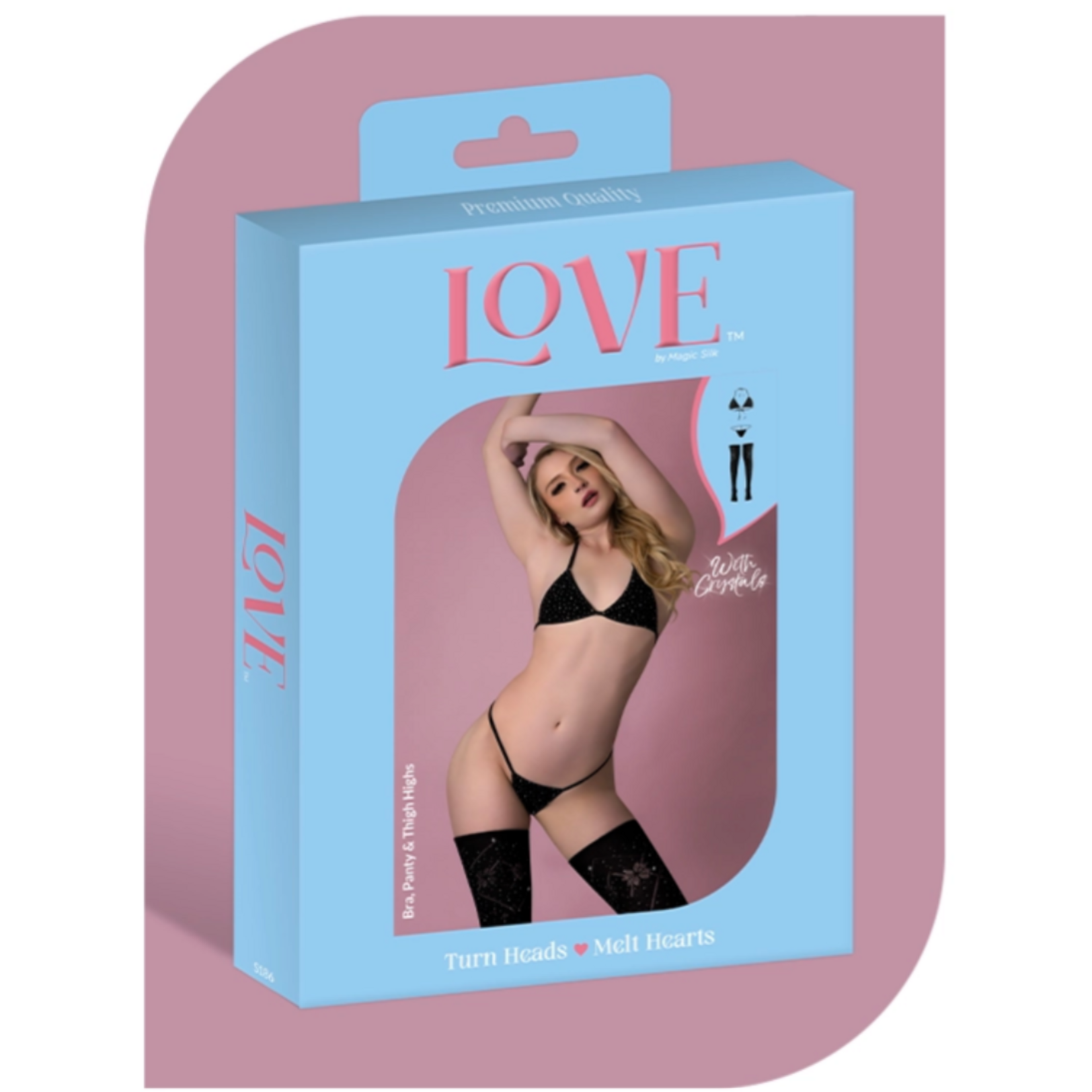 Magic Silk Love Rhinestone Crystal Bra, Panty & Thigh Highs - O/S