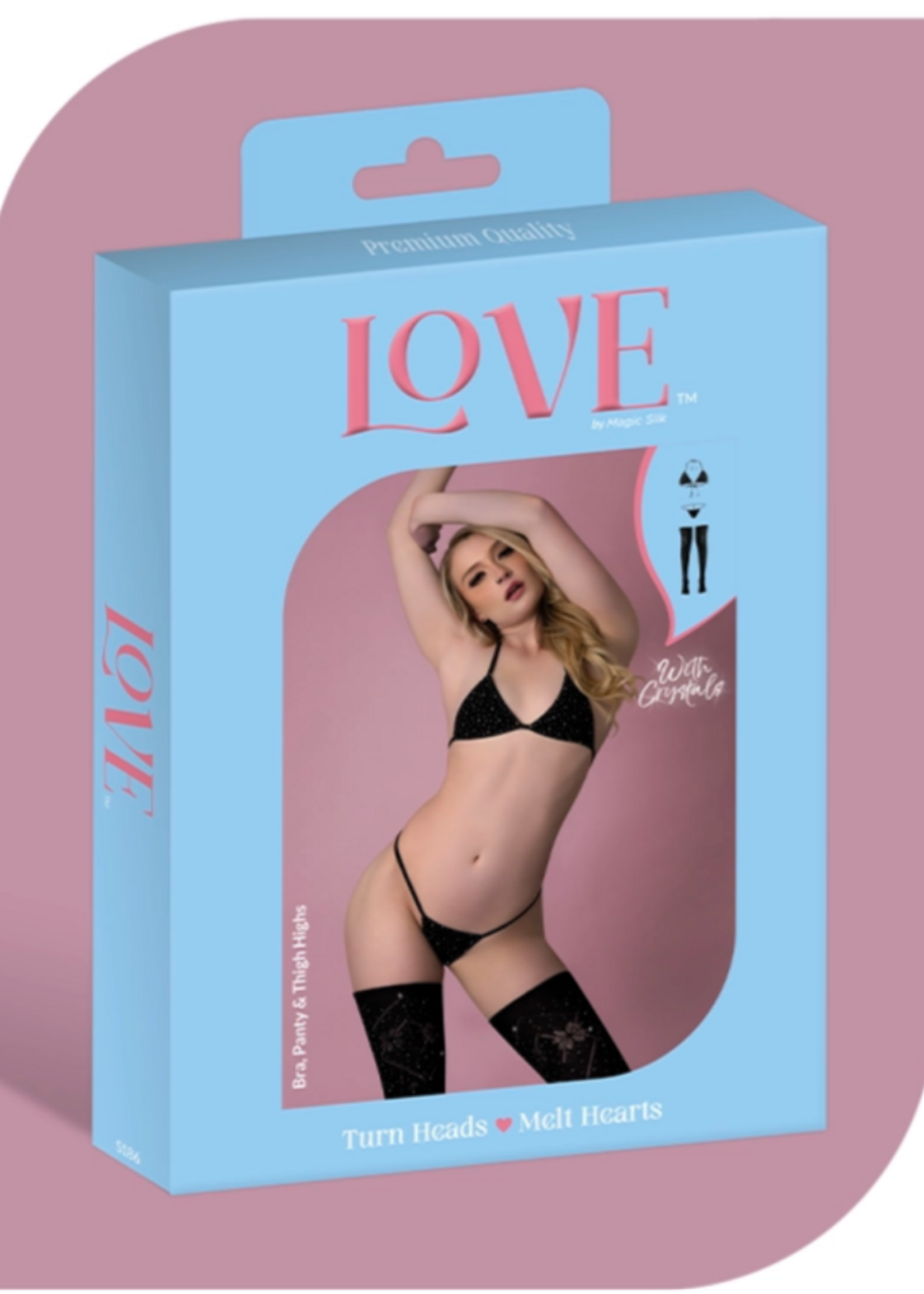 Magic Silk Love Rhinestone Crystal Bra, Panty & Thigh Highs - O/S