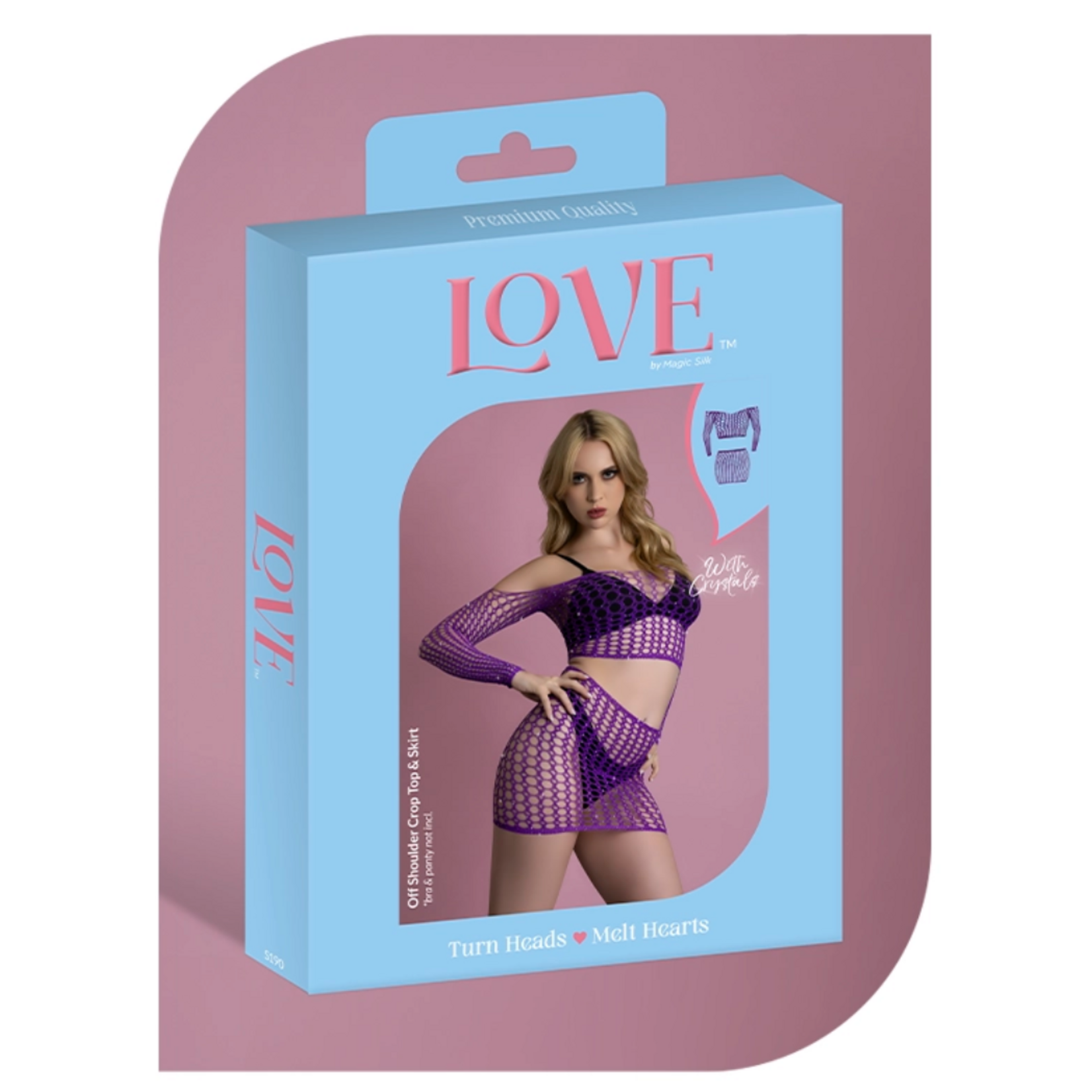 Magic Silk Love Rhinestone Crystal Off Shoulder Crop Top & Skirt
