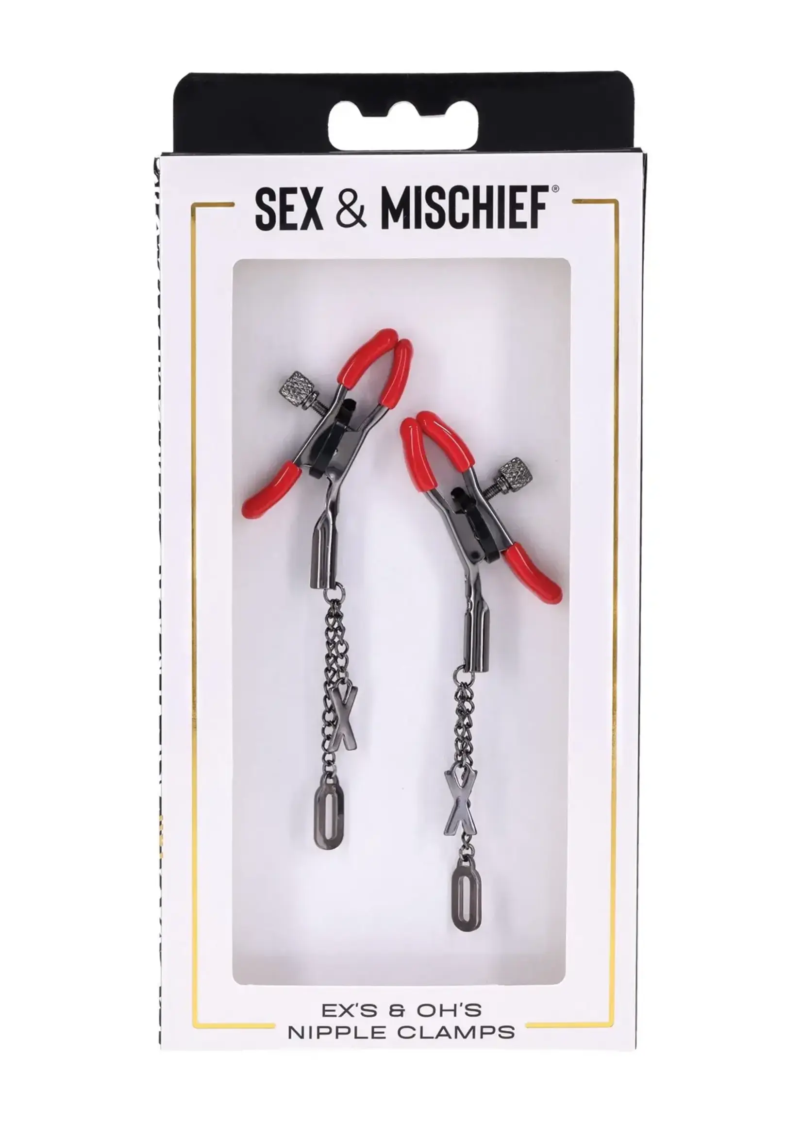 Sportsheets Sex & Mischief Ex's & Oh's Nipple Clamps - Red/Black