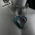 Kookie INTL Black Leather Rainbow Heart and Chrome Chain Collar
