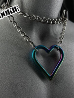 Kookie INTL Black Leather Rainbow Heart and Chrome Chain Collar