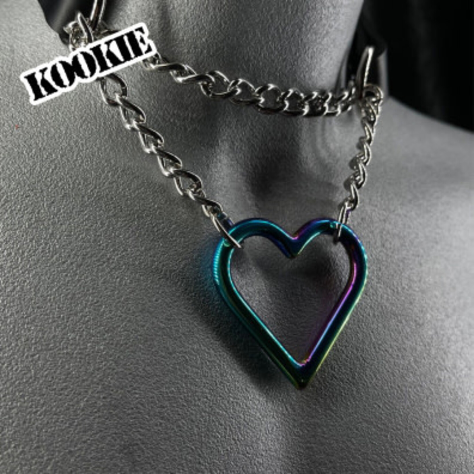 Kookie INTL Black Leather Rainbow Heart and Chrome Chain Collar