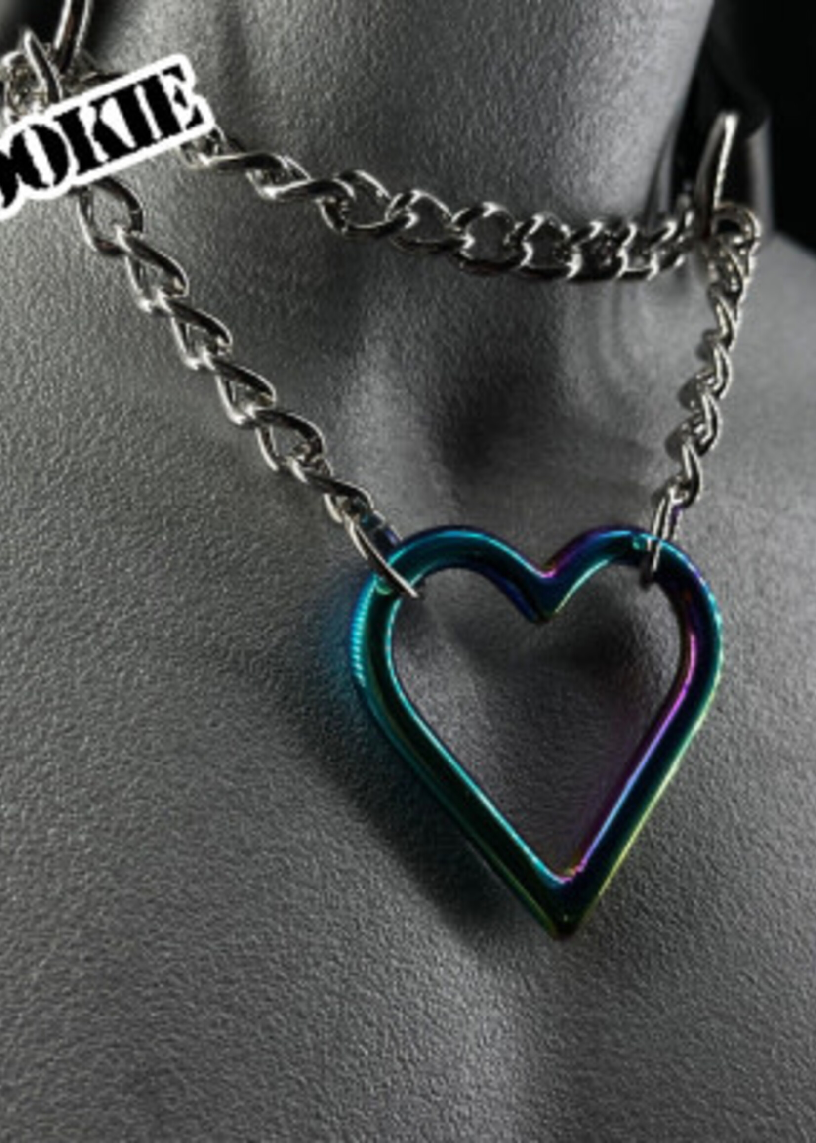 Kookie INTL Black Leather Rainbow Heart and Chrome Chain Collar