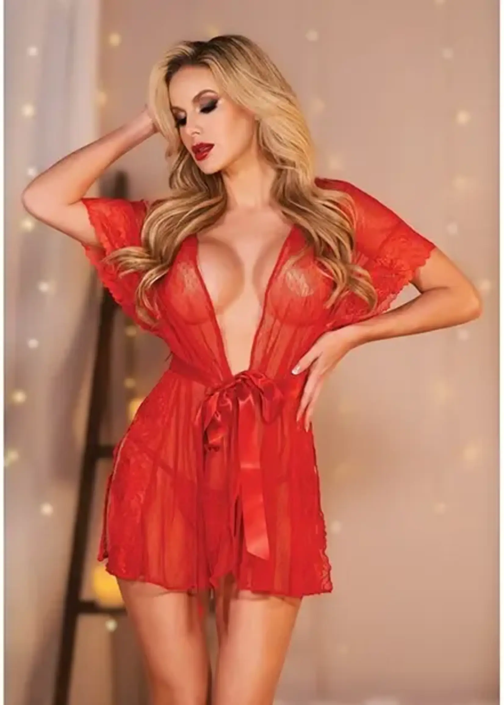 Allure Lingerie Allure Leah Lace & Mesh Open Side Cover Up Red O/S