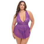 Oh La La Cheri Harmony V-Plunge Lace & Mesh Babydoll w/G-String - Purple 1X/2X