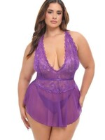 Oh La La Cheri Harmony V-Plunge Lace & Mesh Babydoll w/G-String - Purple 1X/2X