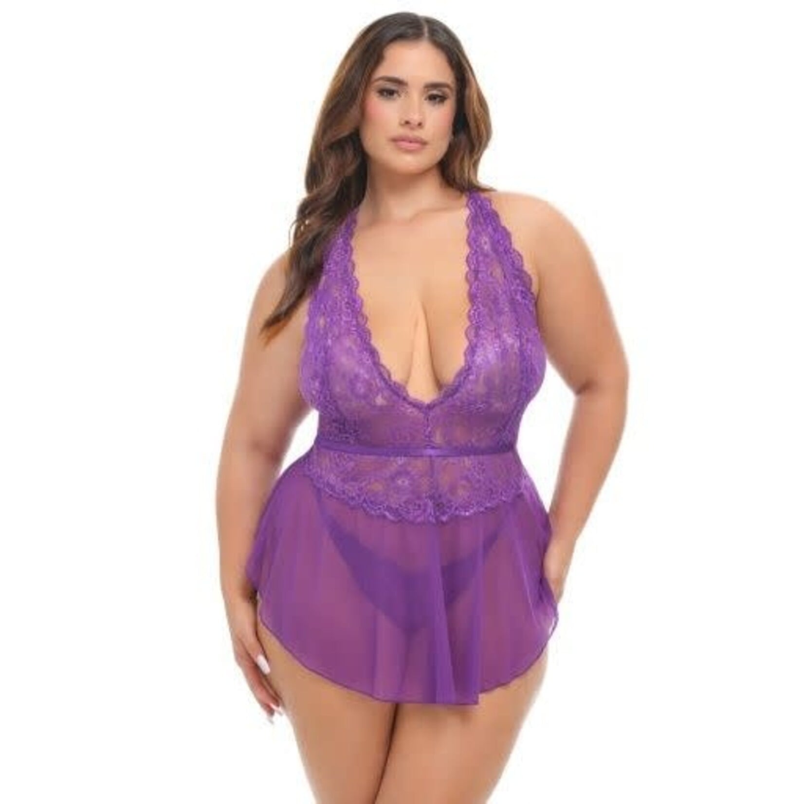 Oh La La Cheri Harmony V-Plunge Lace & Mesh Babydoll w/G-String - Purple 1X/2X