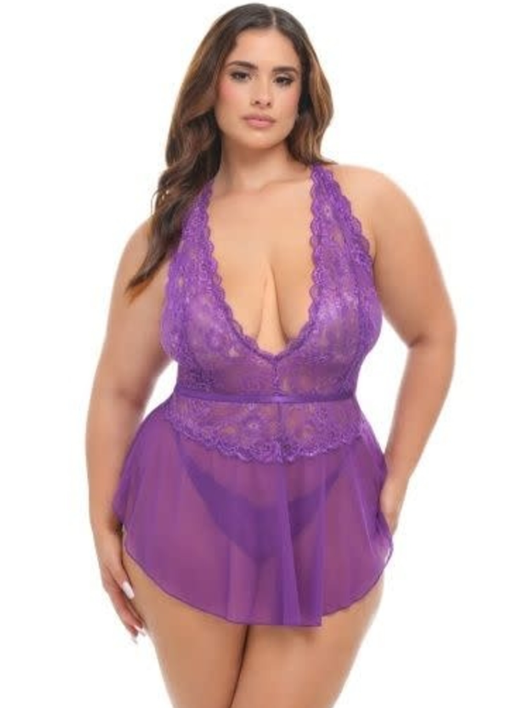Oh La La Cheri Harmony V-Plunge Lace & Mesh Babydoll w/G-String - Purple 1X/2X