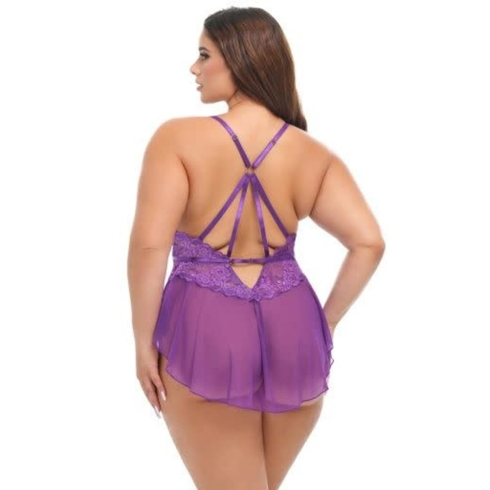 Oh La La Cheri Harmony V-Plunge Lace & Mesh Babydoll w/G-String - Purple 1X/2X