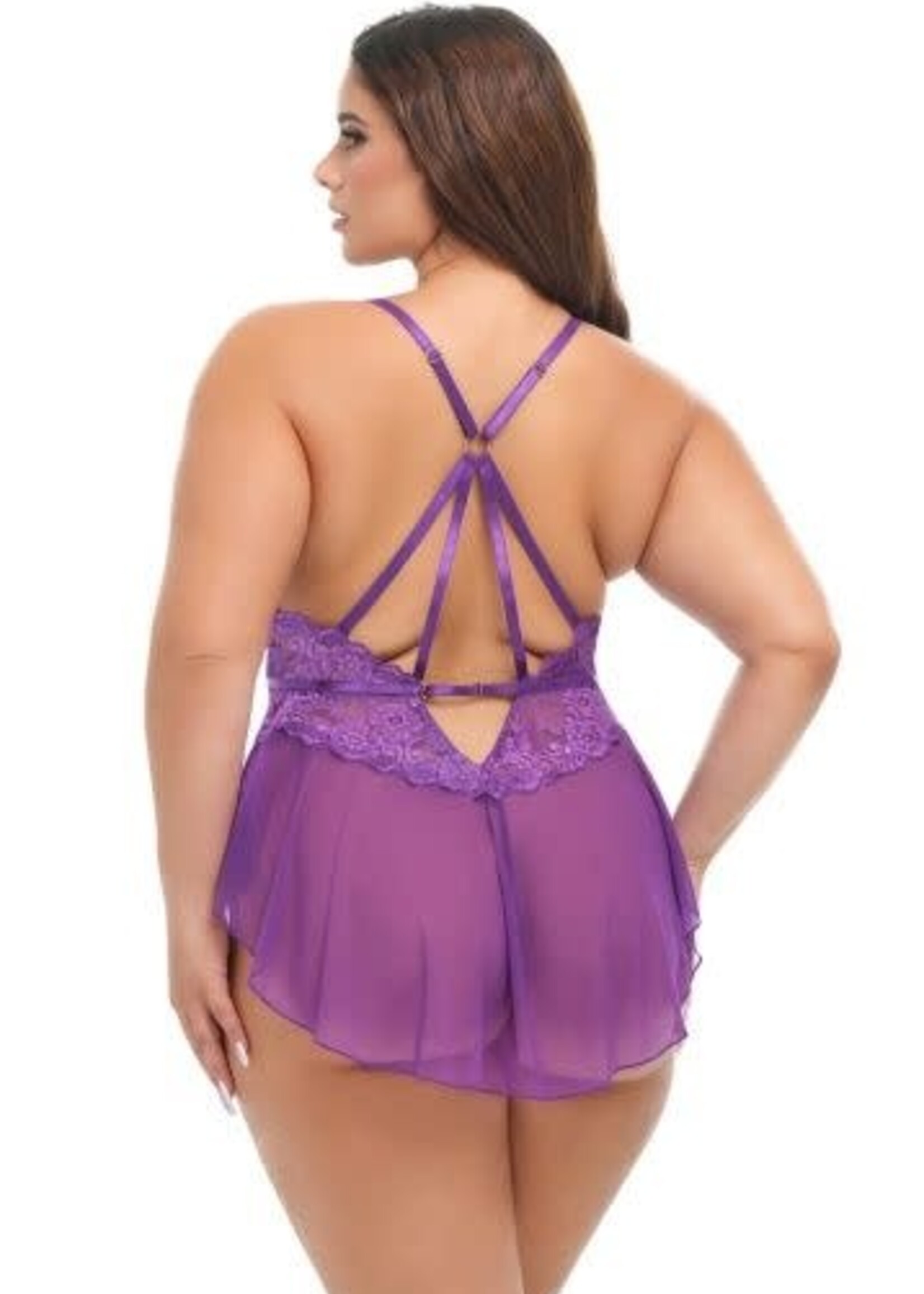 Oh La La Cheri Harmony V-Plunge Lace & Mesh Babydoll w/G-String - Purple 1X/2X