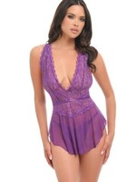 Oh La La Cheri Harmony V-Plunge Lace & Mesh Babydoll w/G-String - Purple - S/M