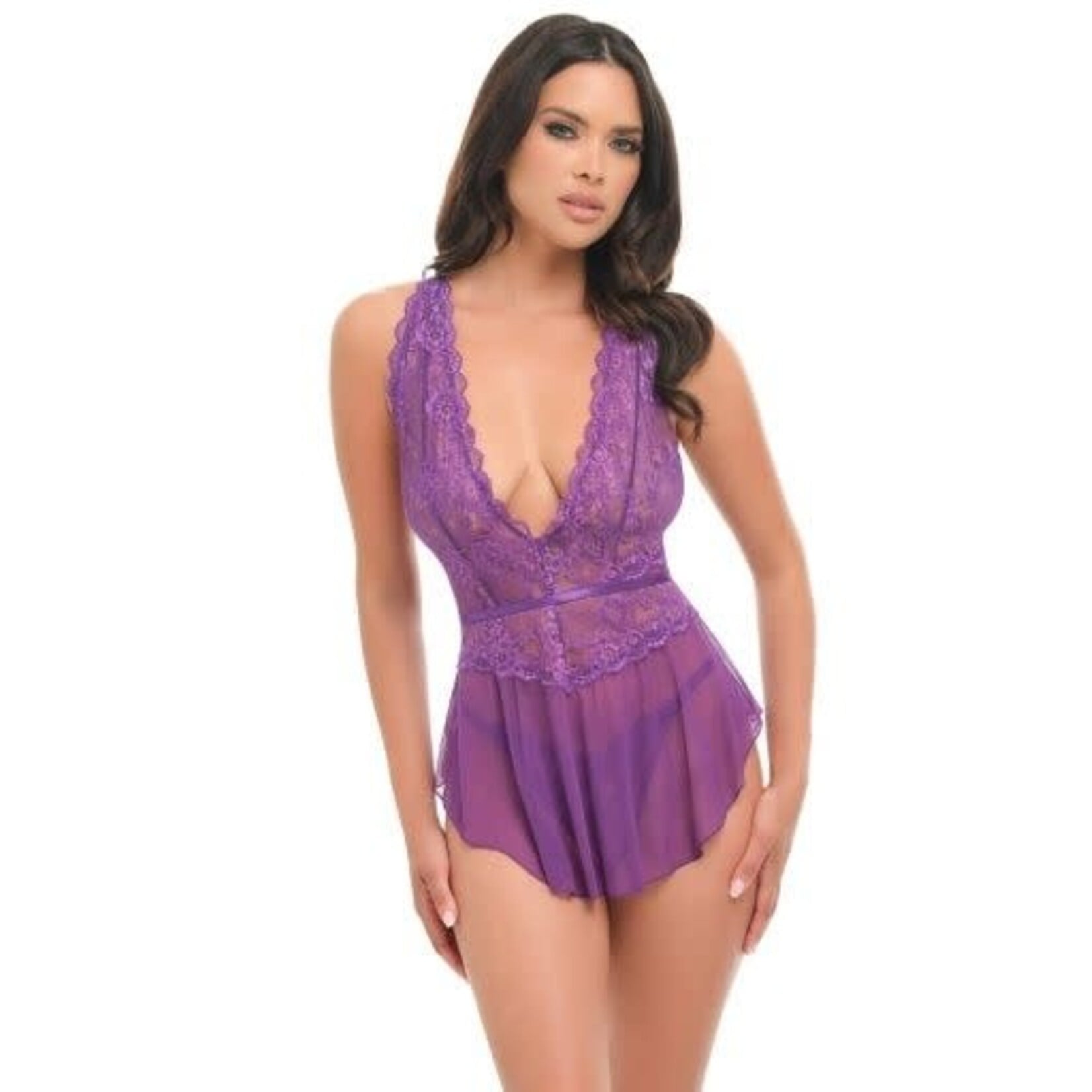 Oh La La Cheri Harmony V-Plunge Lace & Mesh Babydoll w/G-String - Purple - S/M