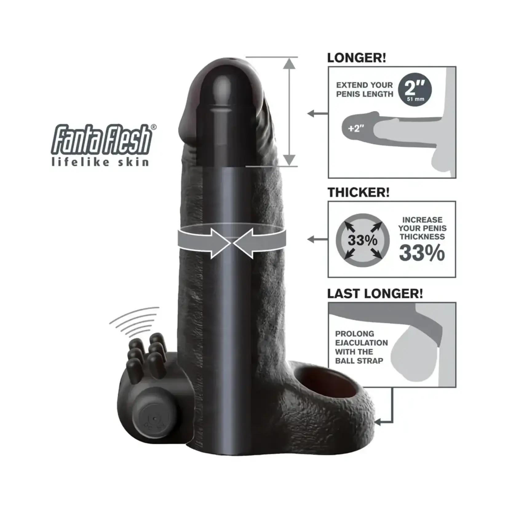 Pipedream Fantasy X-Tensions Vibrating Real Feel Extension with Rechargeable Bullet 2in
