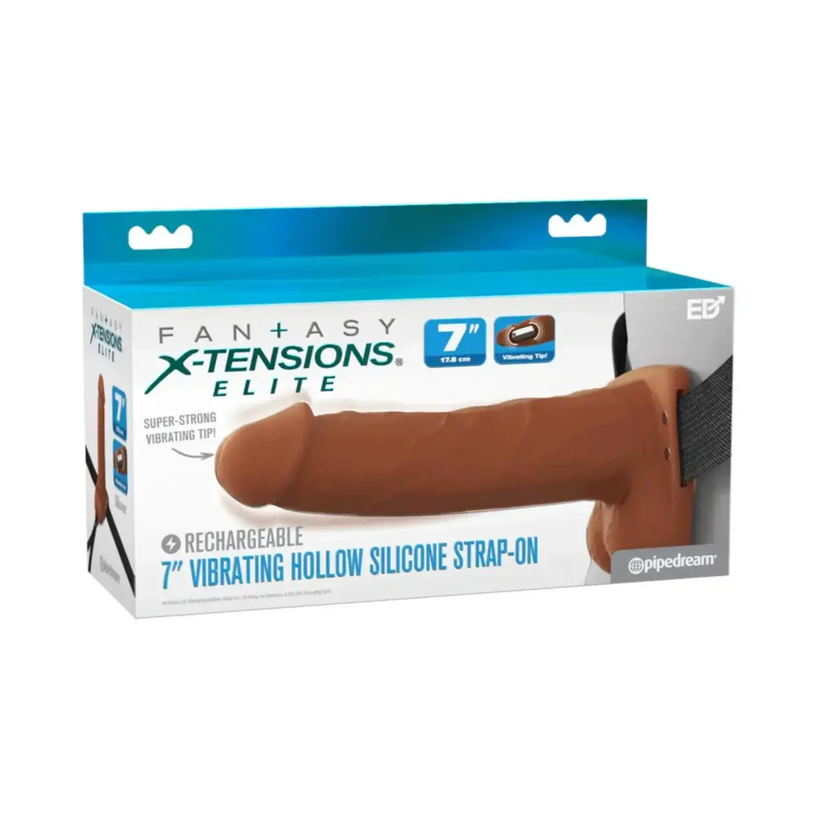 Pipedream Fantasy X-Tensions Elite Vibrating 7" Silicone Hollow Strap-On Dual Density Brown