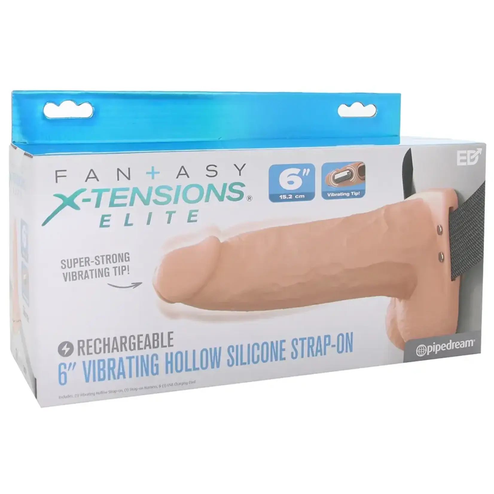 Pipedream Fantasy X-Tensions Elite Vibrating 6" Silicone Hollow Strap-On Dual Density Light