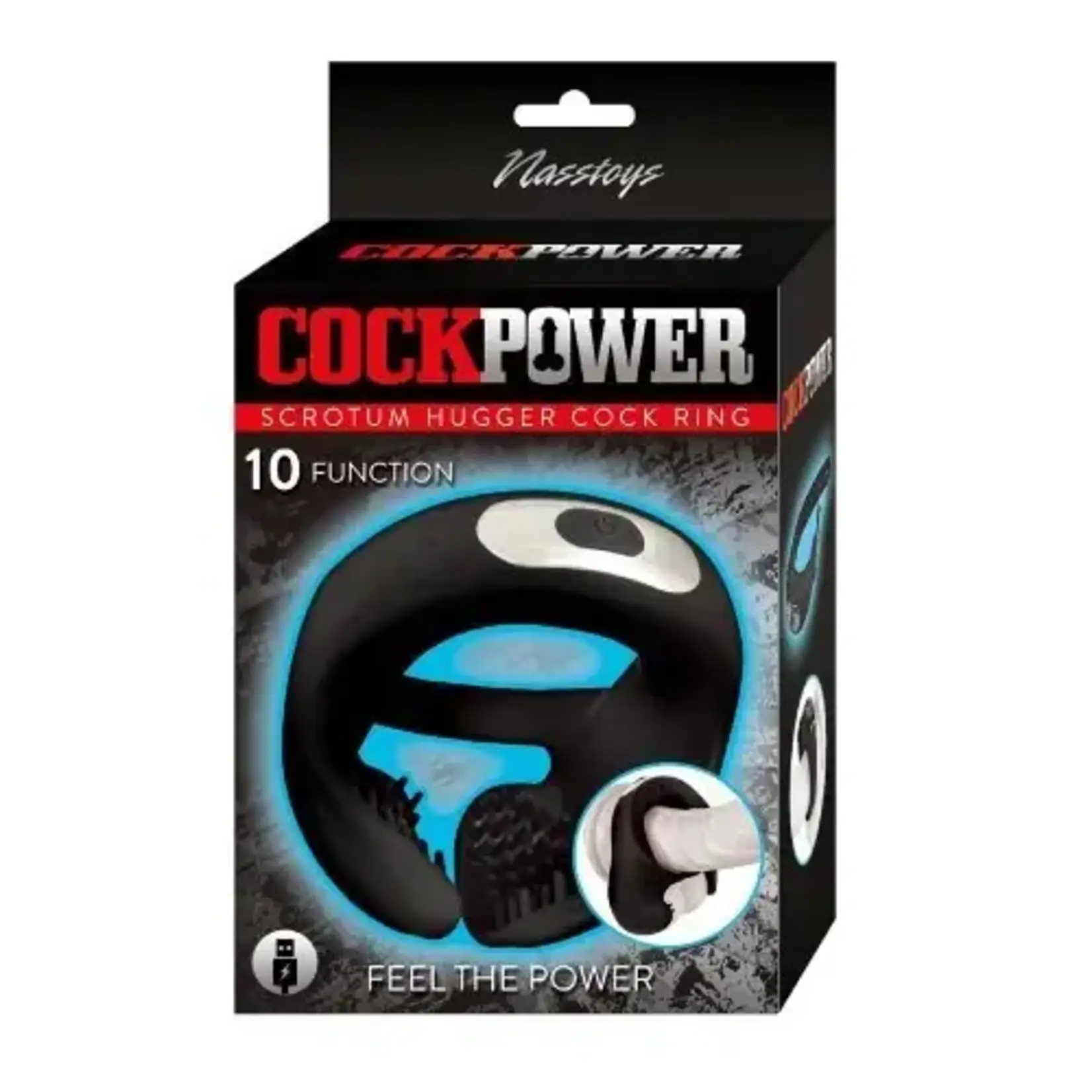 NassToys CockPower Scrotum Hugger Rechargeable Silicone Cock Ring- Black