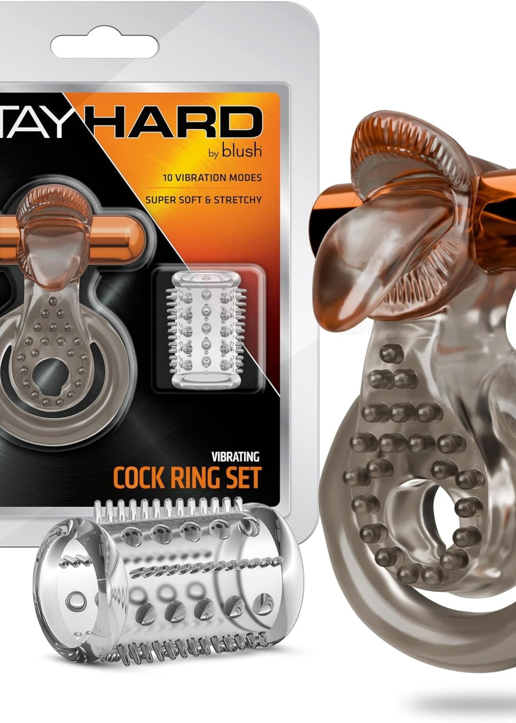 Blush Stay Hard Vibrating Cock Ring Set With Sleeve -