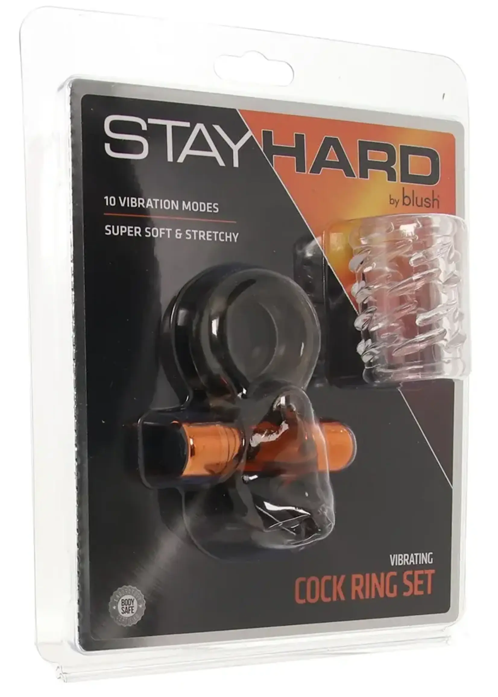 Blush Stay Hard Vibrating Cock Ring Set With Sleeve -