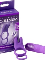 Pipedream Fantasy C-Ringz Twin Teazer Rabbit Silicone Cock Ring with Wired Remote Control - Purple