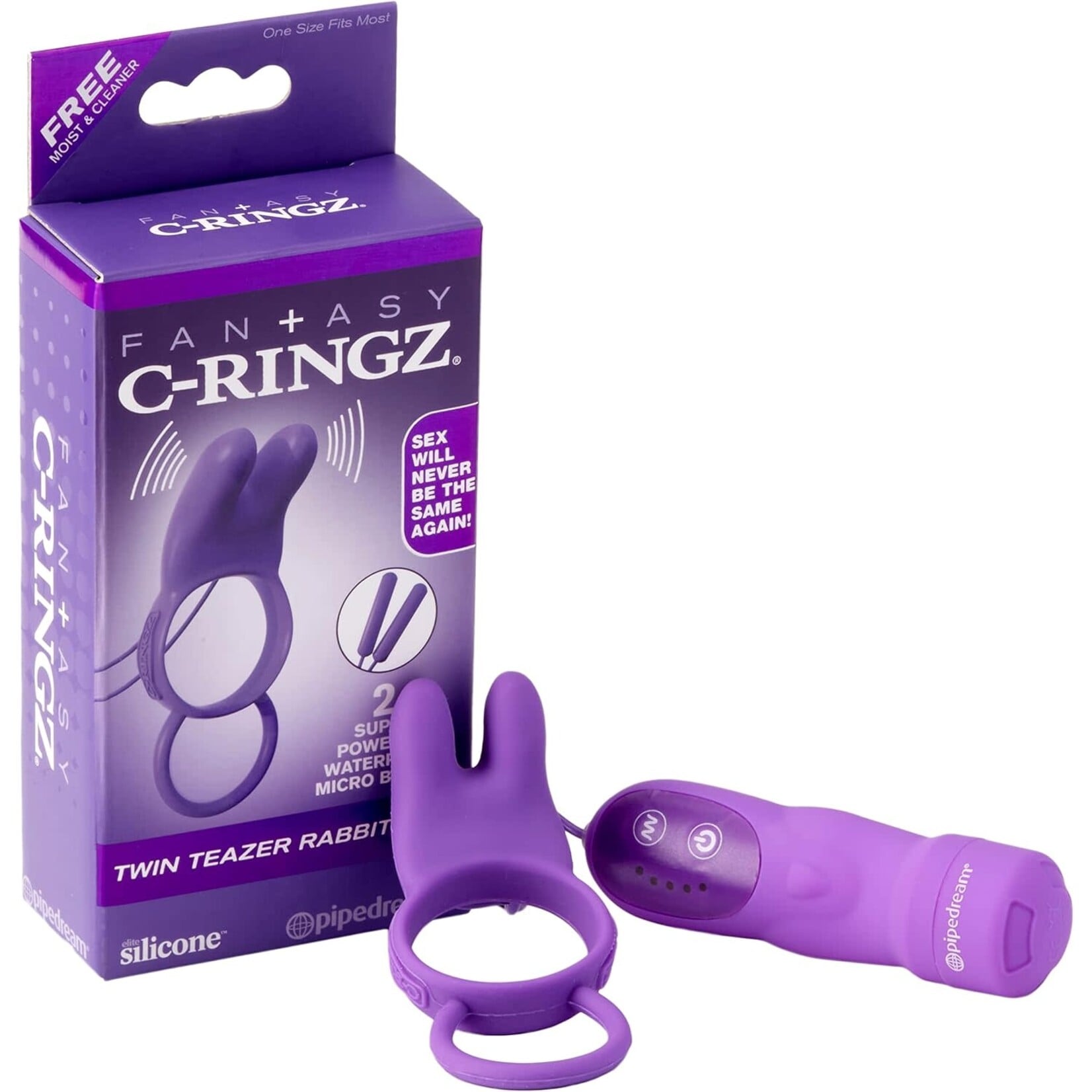 Pipedream Fantasy C-Ringz Twin Teazer Rabbit Silicone Cock Ring with Wired Remote Control - Purple