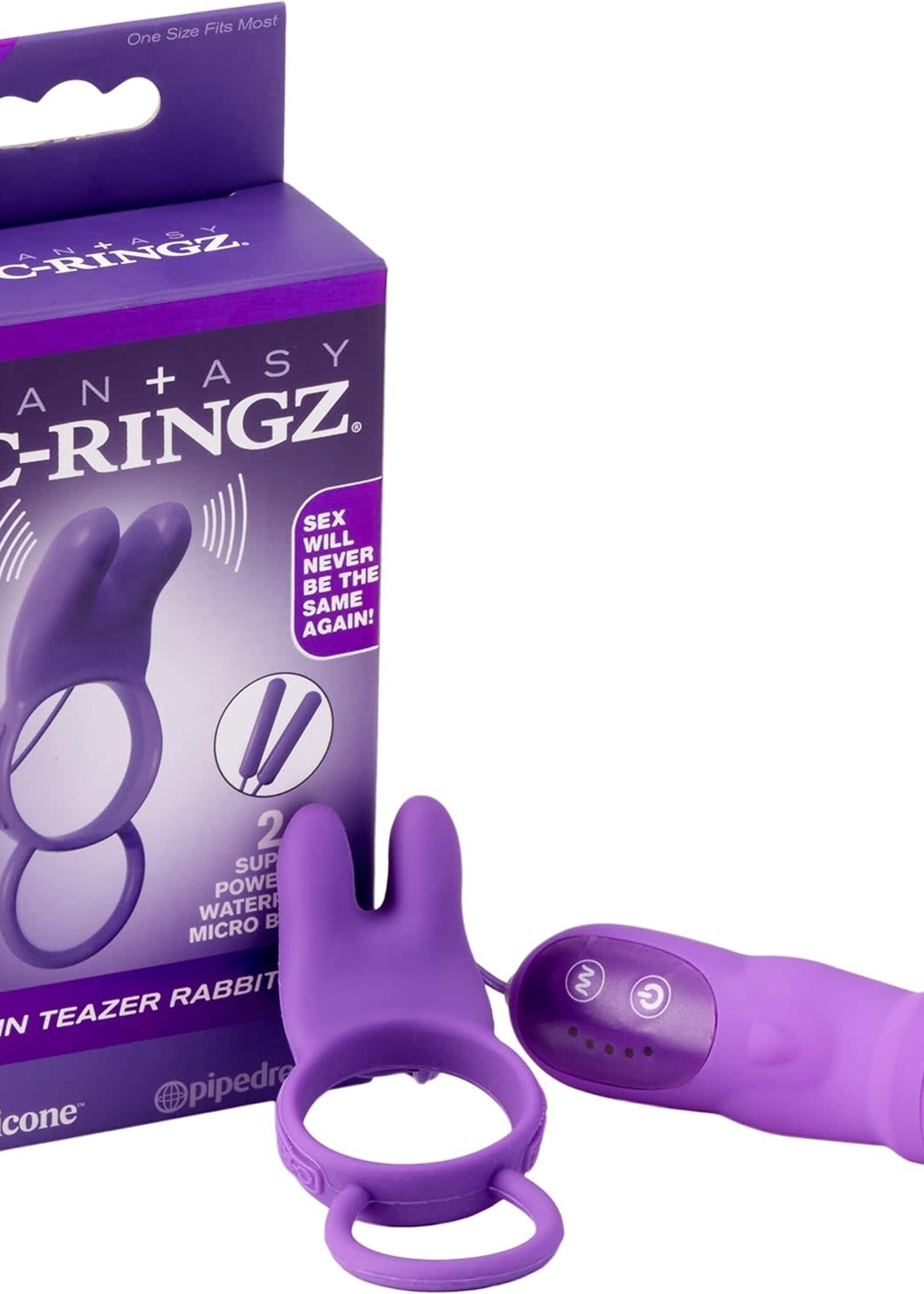 Pipedream Fantasy C-Ringz Twin Teazer Rabbit Silicone Cock Ring with Wired Remote Control - Purple