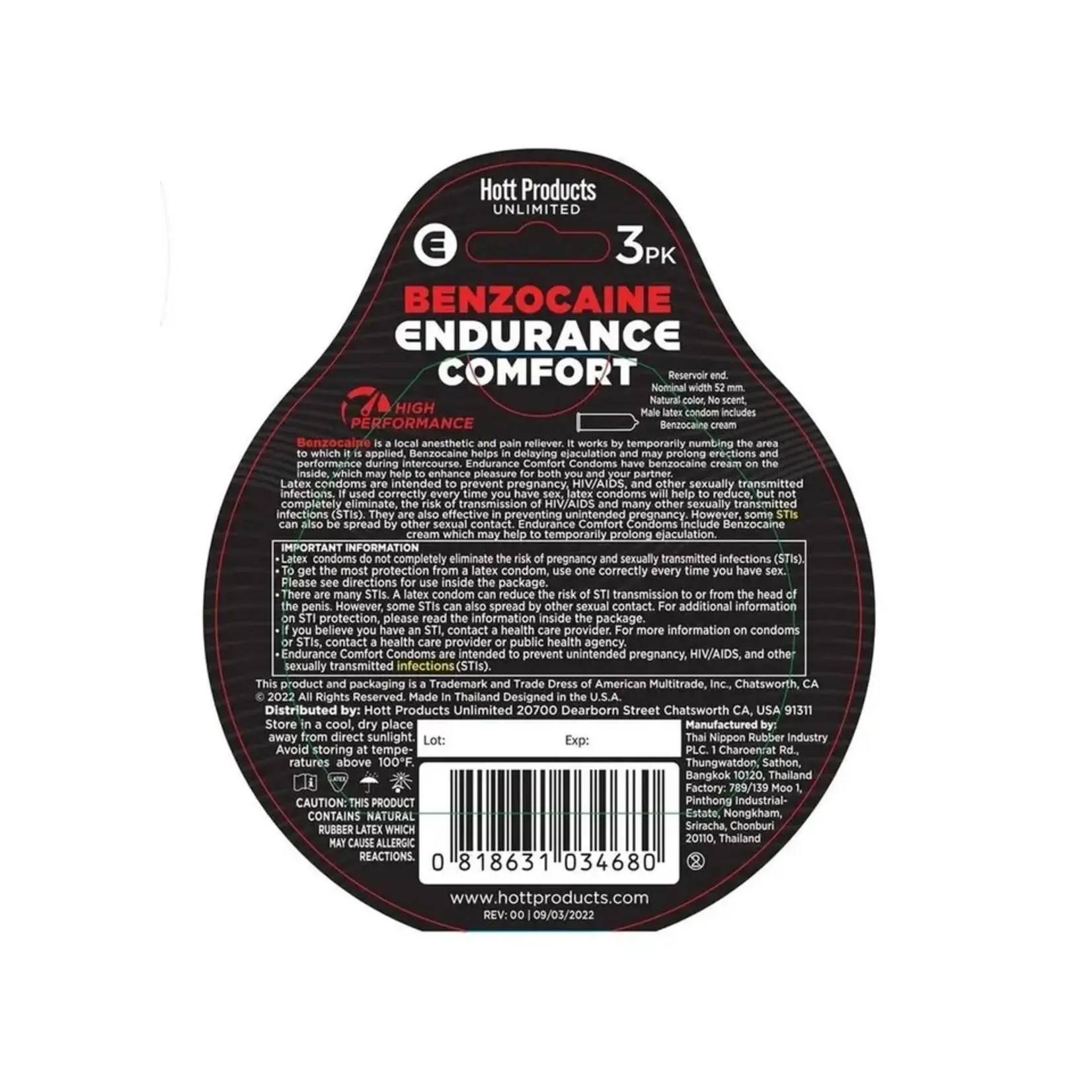 HOTT PRODUCTS Endurance Comfort Benzocaine Condoms 3Pk.