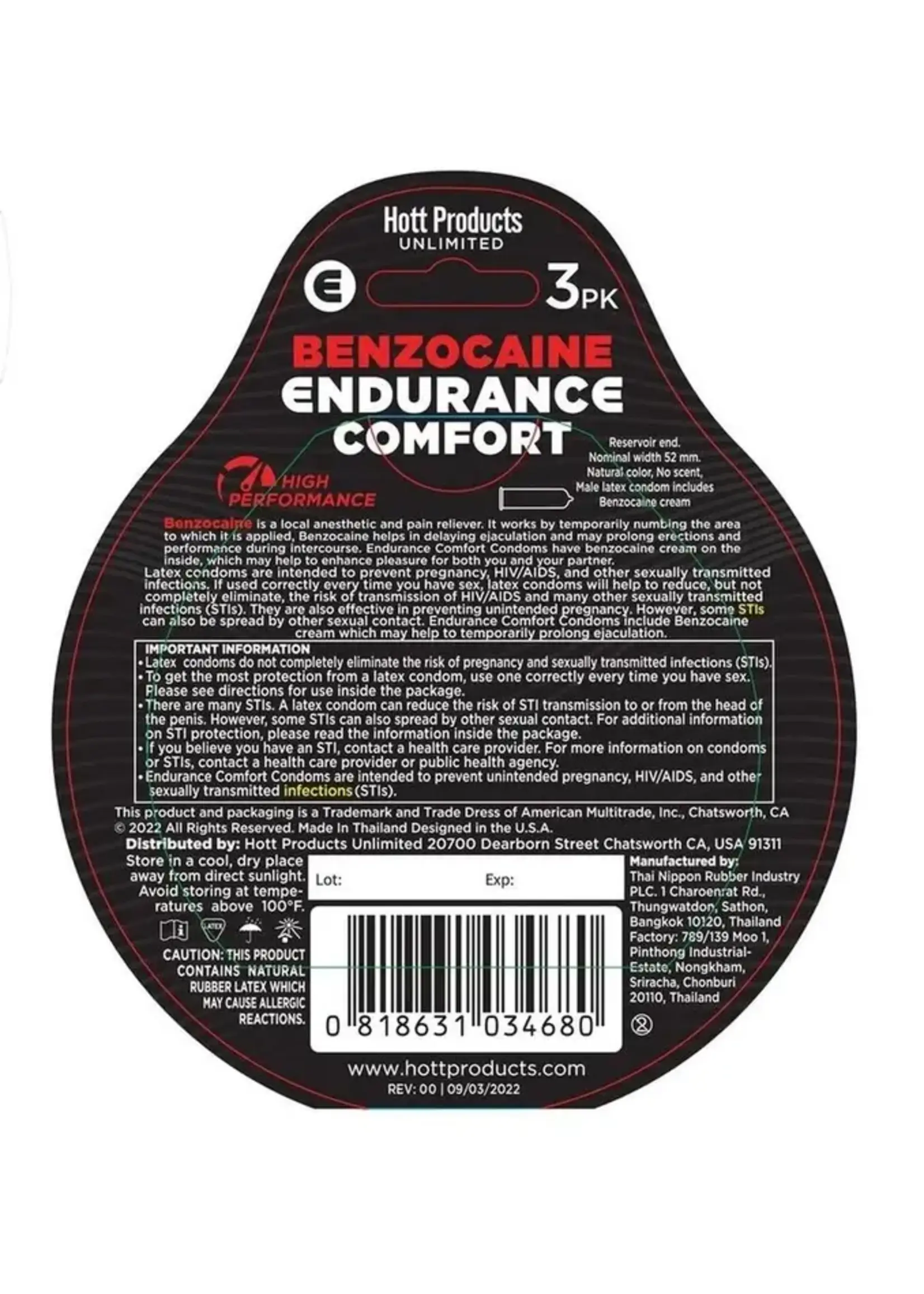HOTT PRODUCTS Endurance Comfort Benzocaine Condoms 3Pk.