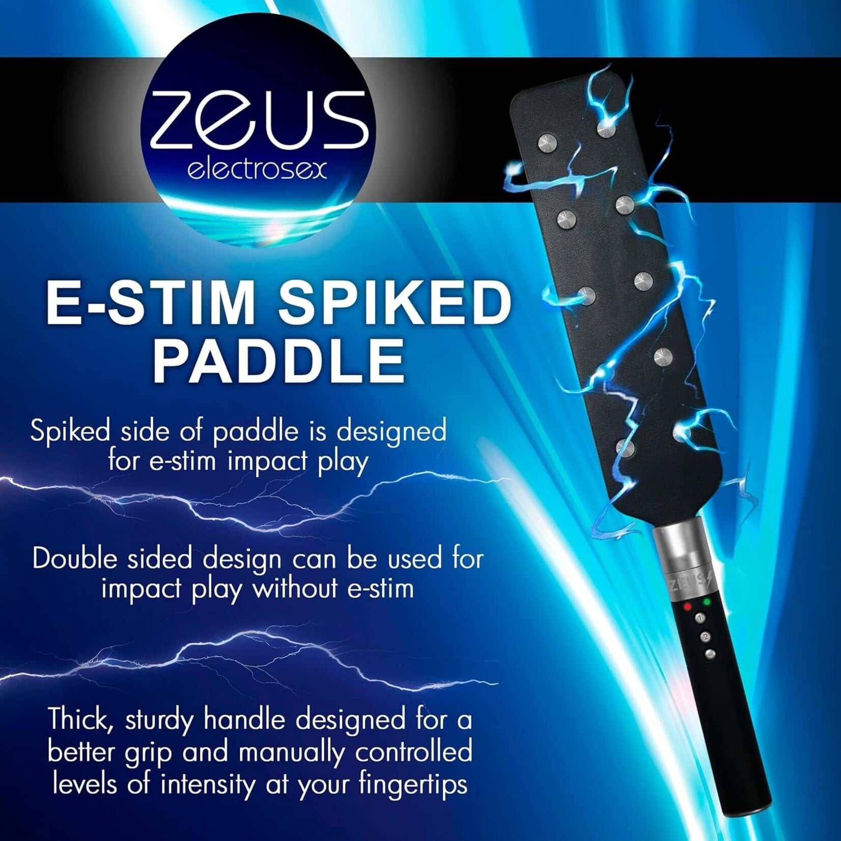 XR Brands Zeus Electrosex Zeus Electrosex E-Stim Spiked Paddle - Black/Silver