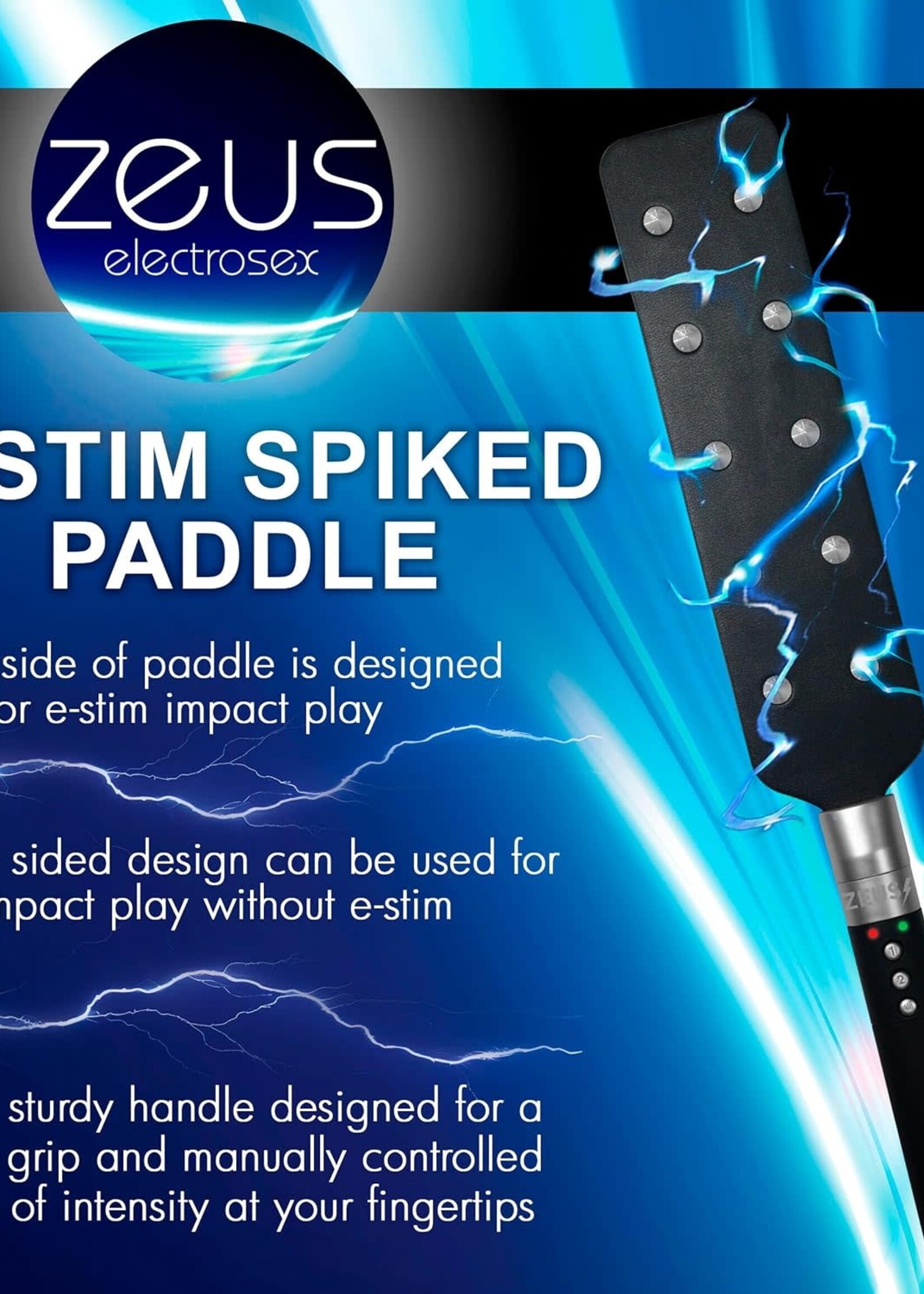 XR Brands Zeus Electrosex Zeus Electrosex E-Stim Spiked Paddle - Black/Silver