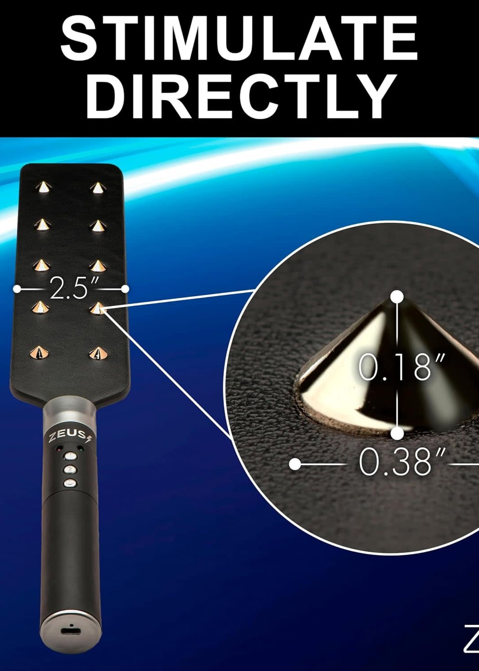 XR Brands Zeus Electrosex Zeus Electrosex E-Stim Spiked Paddle - Black/Silver
