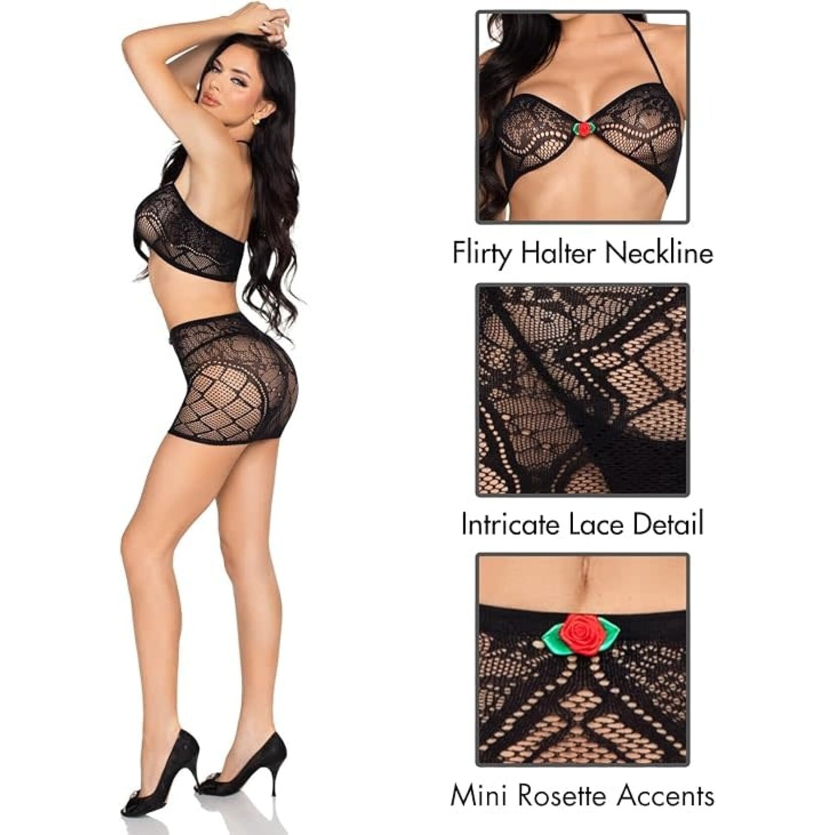 Leg Avenue Leg Avenue Lace Bra Top and Mini Skirt with Rosette Accents (2 Piece) - Black - O/S