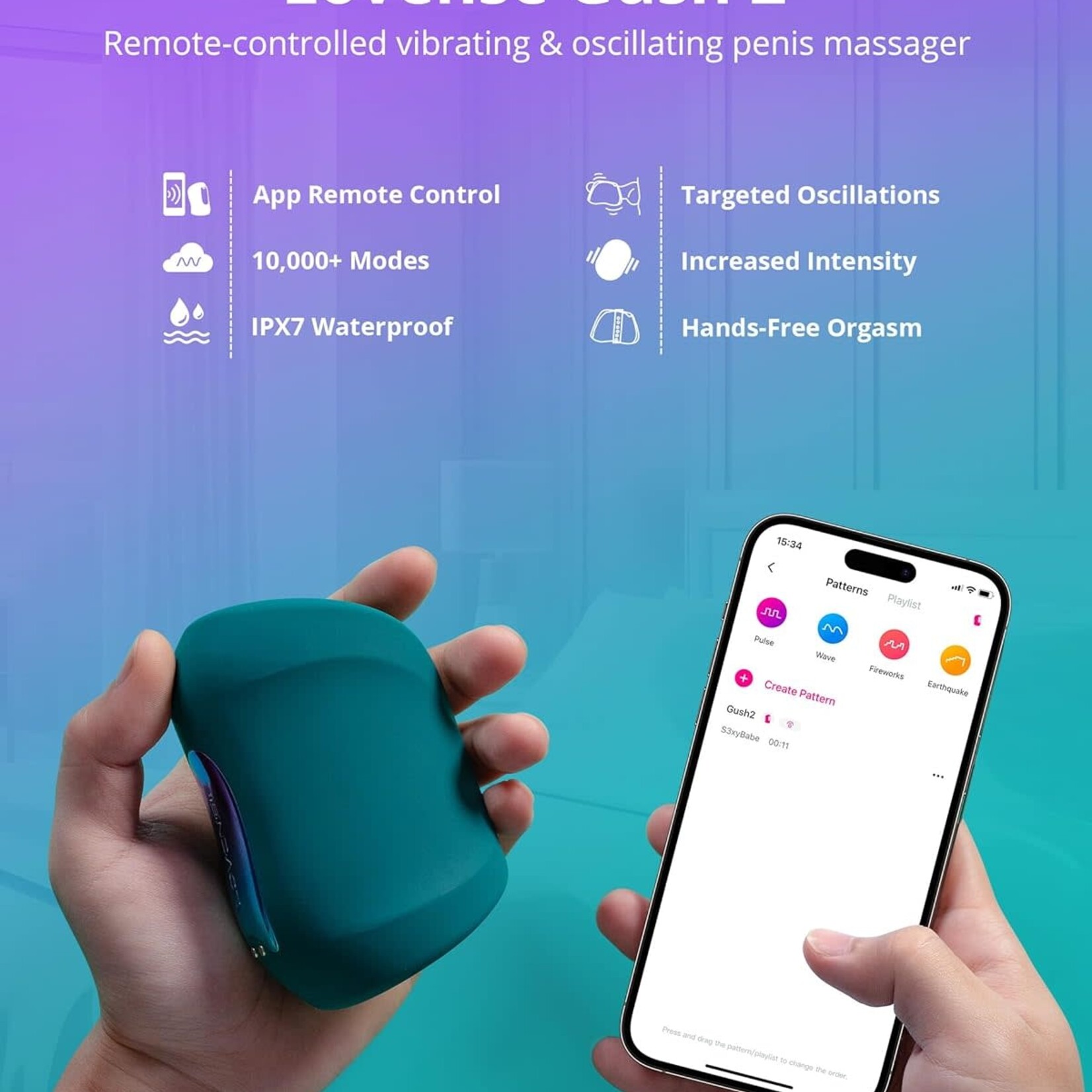 LOVENSE Lovense Gush 2 Motion Handsfree Silicone Rechargeable Oscillating Masturbator - Green