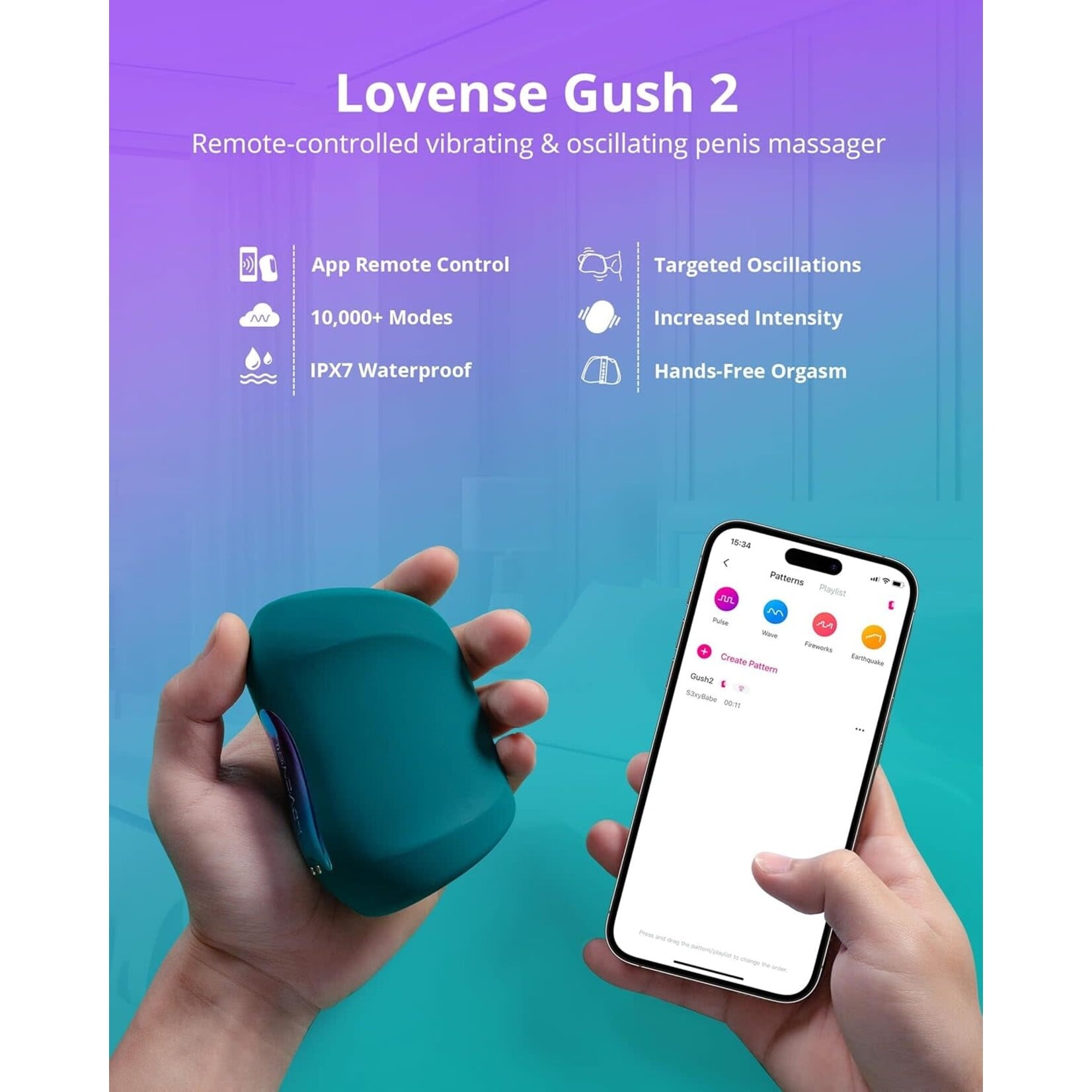 LOVENSE Lovense Gush 2 Motion Handsfree Silicone Rechargeable Oscillating Masturbator - Green