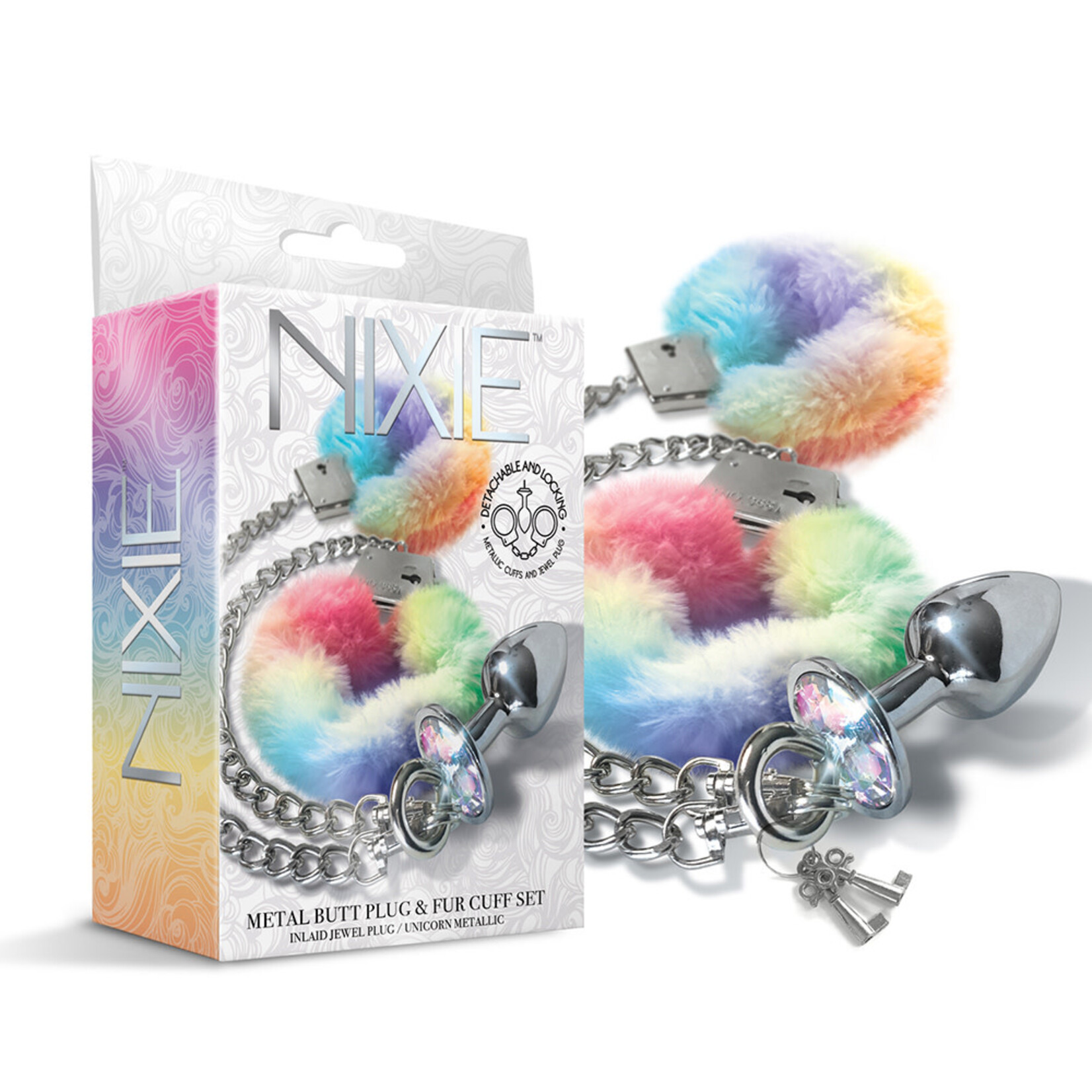 Nixie Nixie Metal Butt Plug w/Inlaid Jewel & Fur Cuff Set