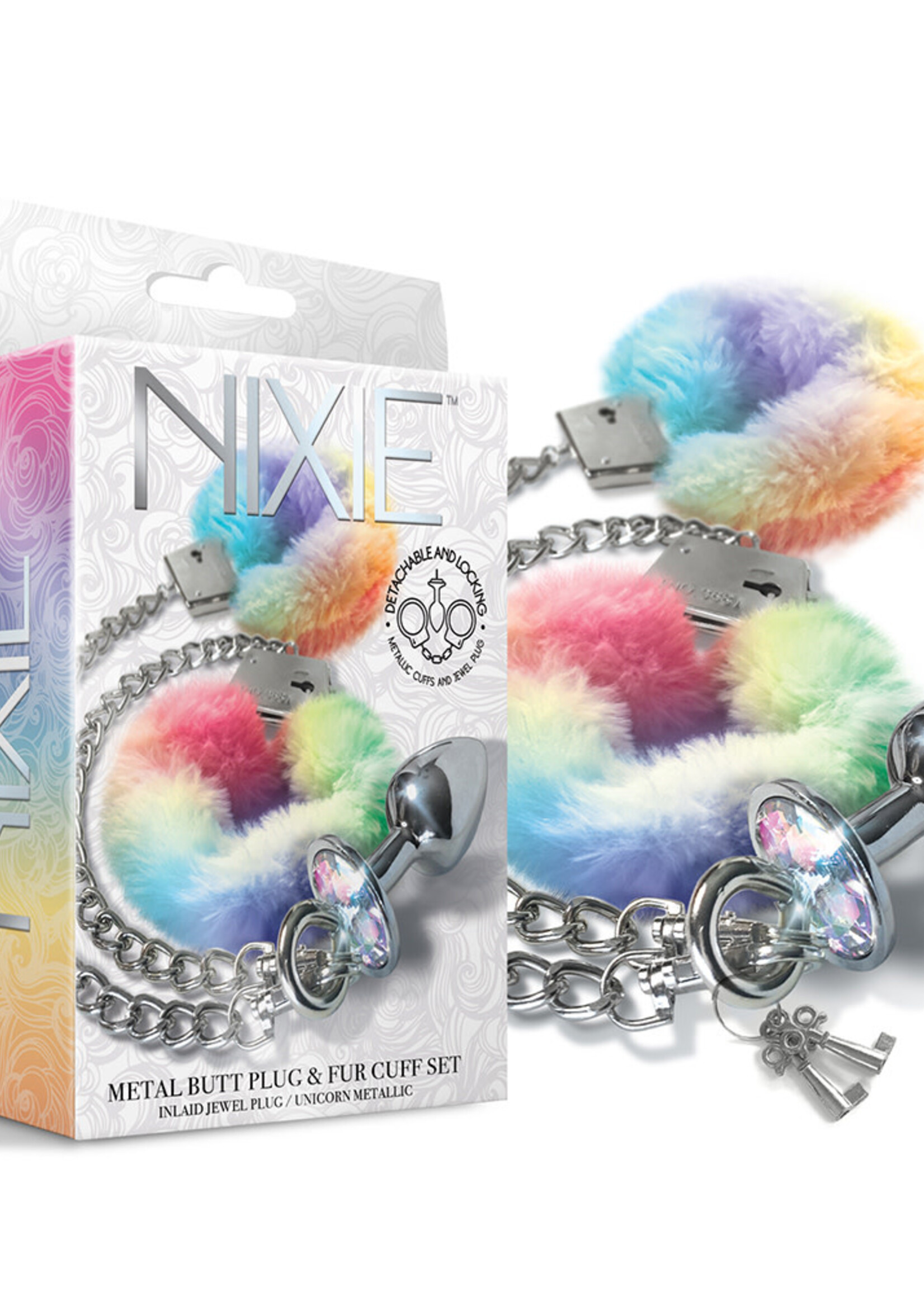 Nixie Nixie Metal Butt Plug w/Inlaid Jewel & Fur Cuff Set