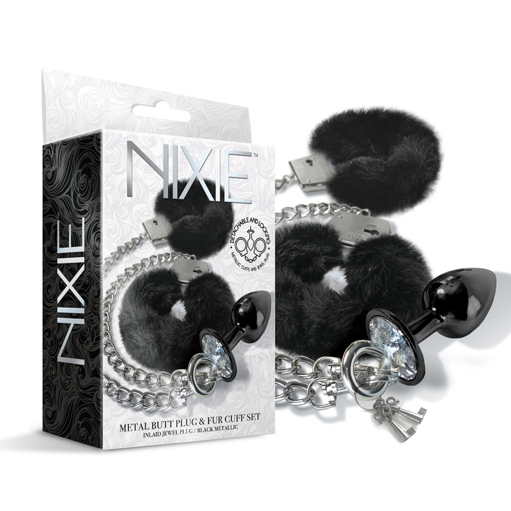 Nixie Nixie Metal Butt Plug w/Inlaid Jewel & Fur Cuff Set