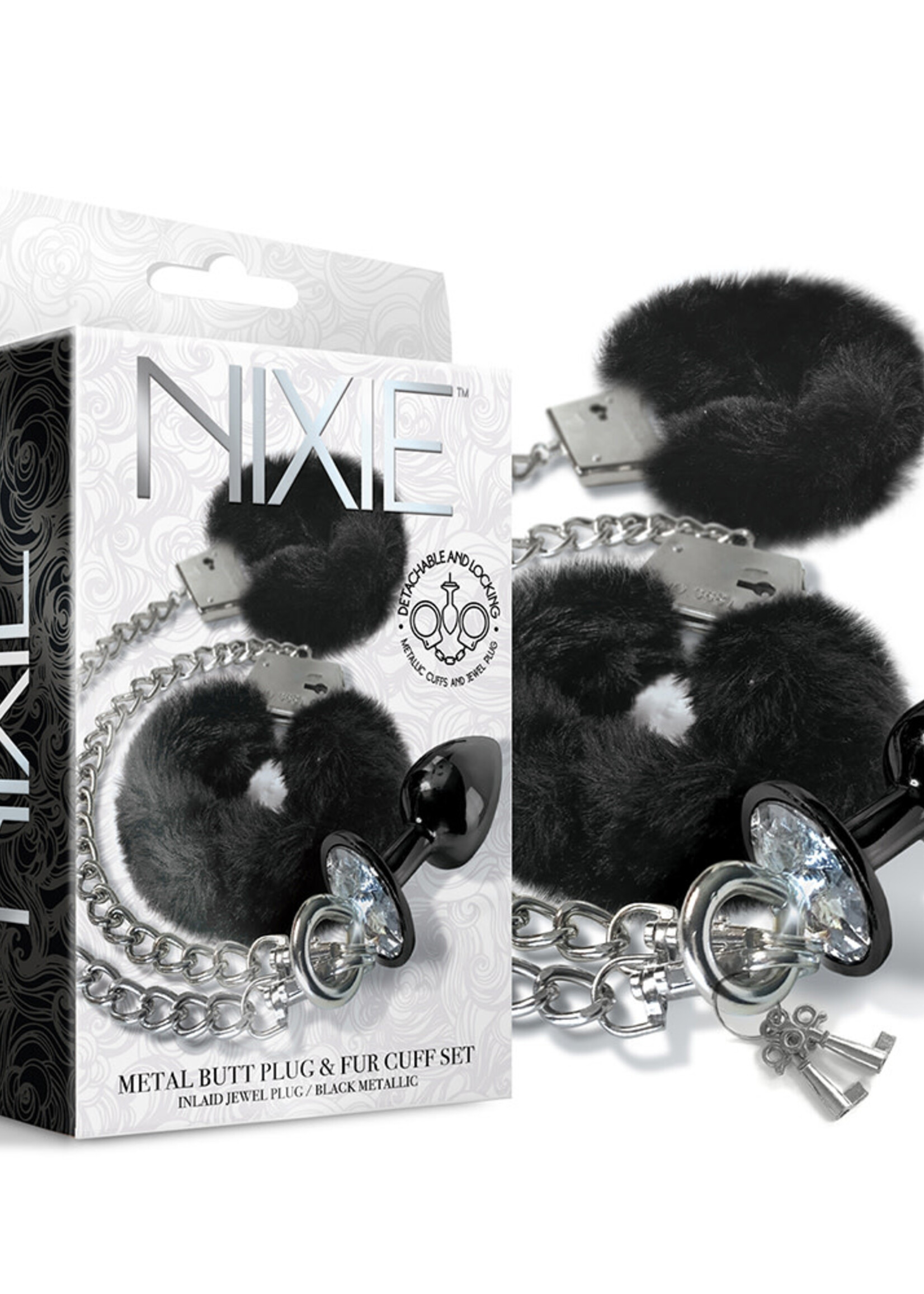 Nixie Nixie Metal Butt Plug w/Inlaid Jewel & Fur Cuff Set