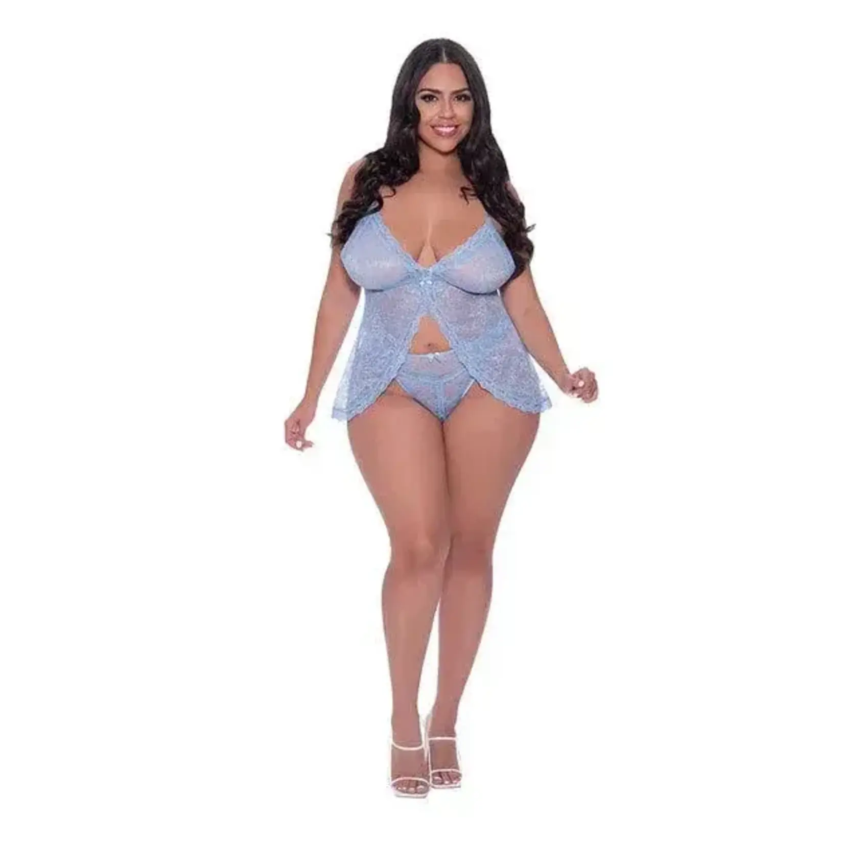 Magic Silk Ooh La Lace Babydoll & Split Crotch Panty Periwinkle Queen Size