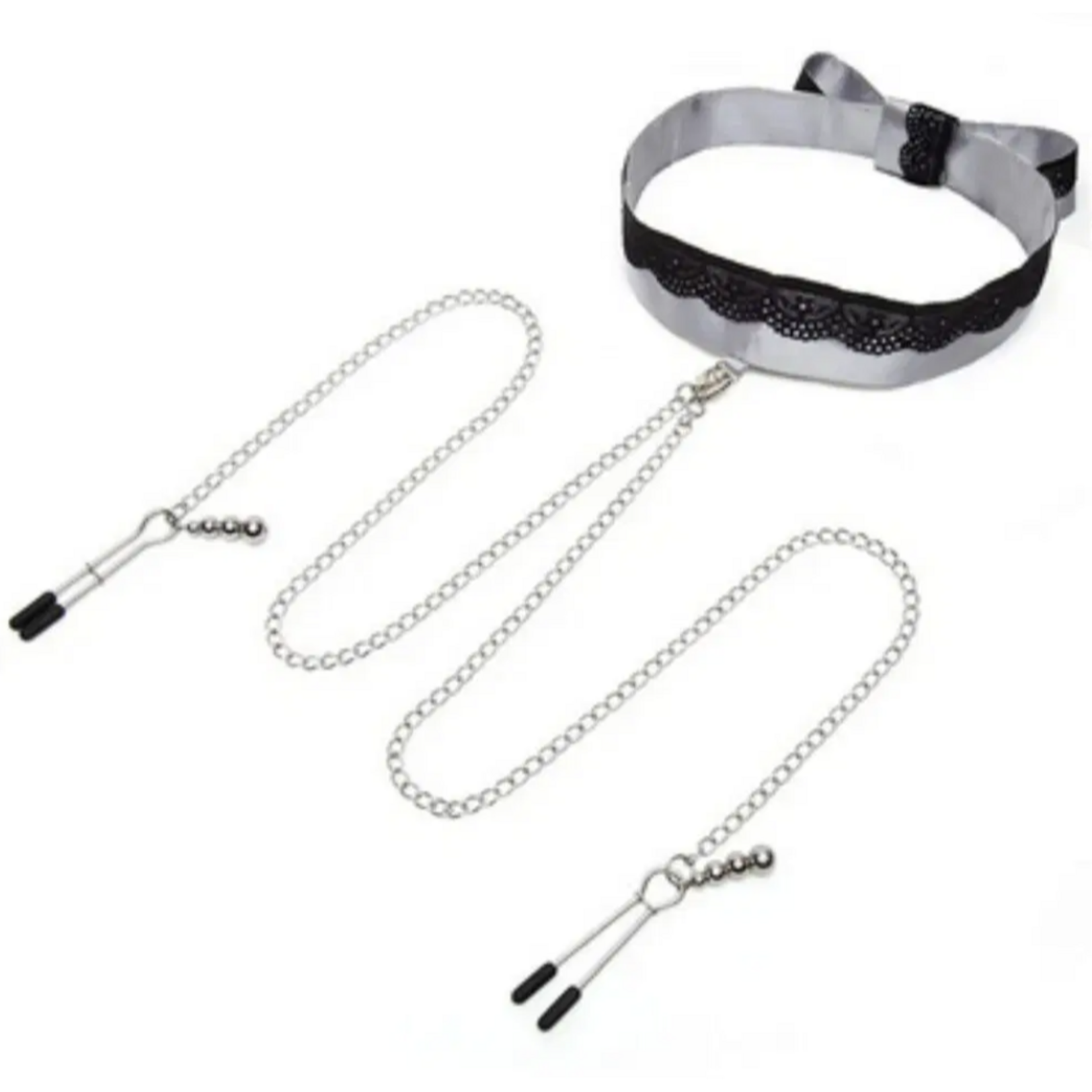 Lovehoney Fifty Shades Fifty Shades of Grey Play Nice Satin & Lace Collar & Nipple Clamps - Silver/Black