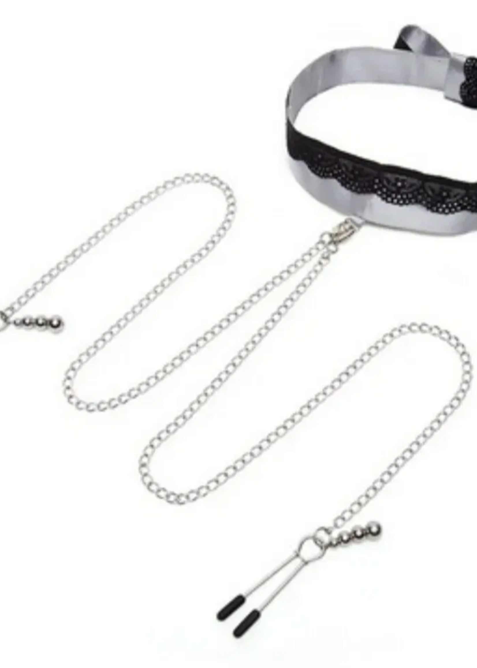 Lovehoney Fifty Shades Fifty Shades of Grey Play Nice Satin & Lace Collar & Nipple Clamps - Silver/Black